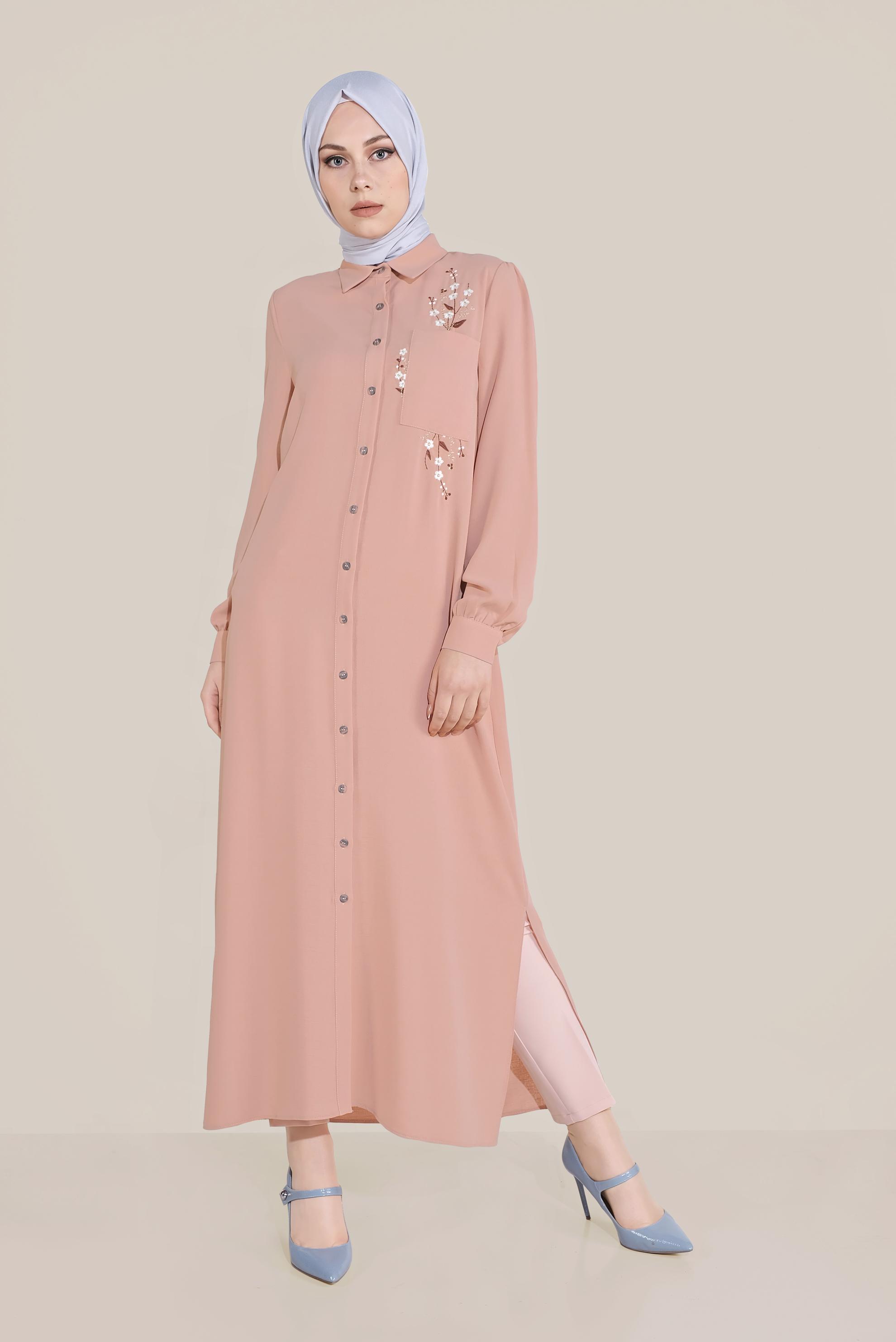 Tesettür giyim PUDRA ÇİÇEK NAKIŞLI TUNİK 40707 