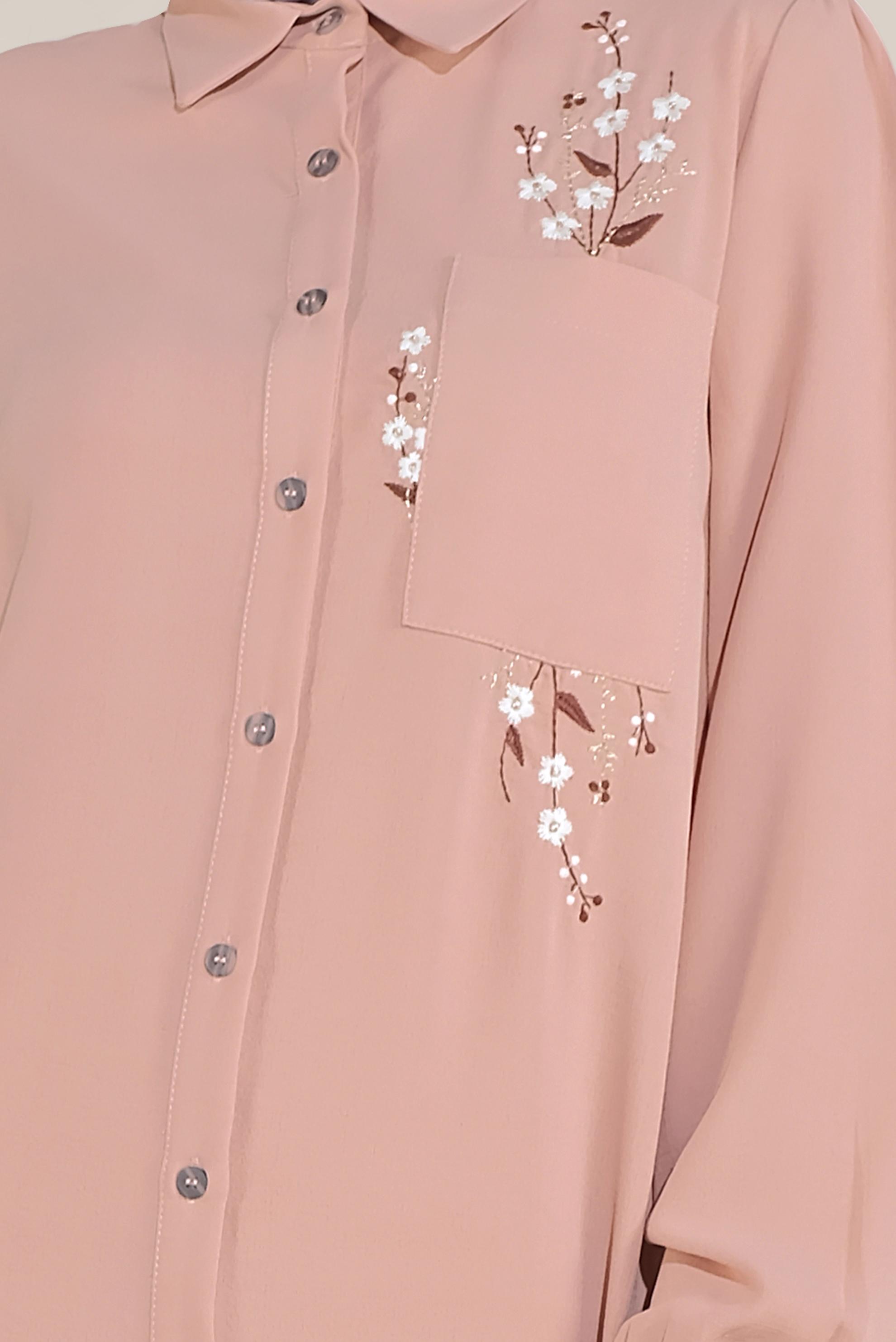 Tesettür giyim PUDRA ÇİÇEK NAKIŞLI TUNİK 40707 