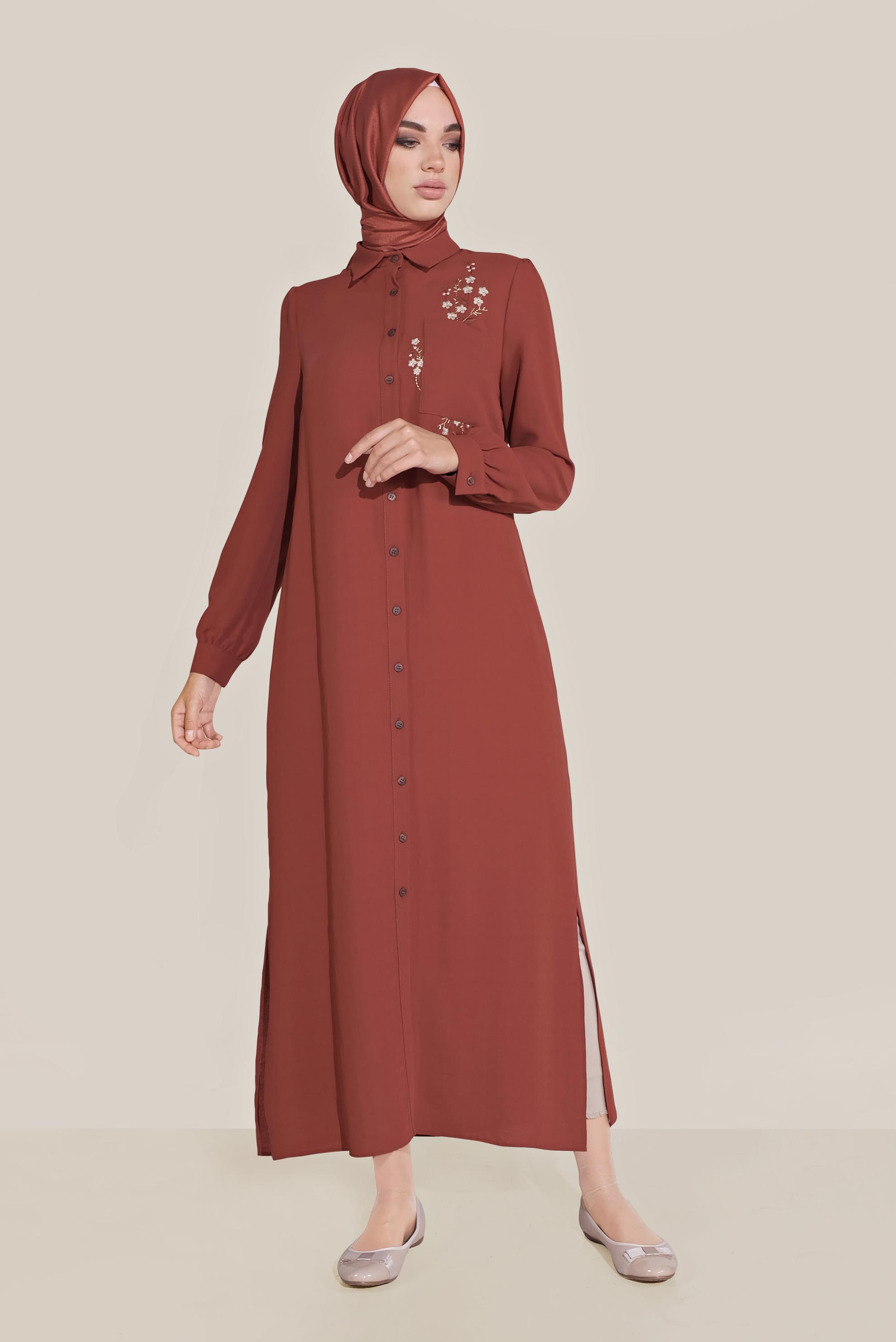 Tesettür giyim BORDO ÇİÇEK NAKIŞLI TUNİK 40707 