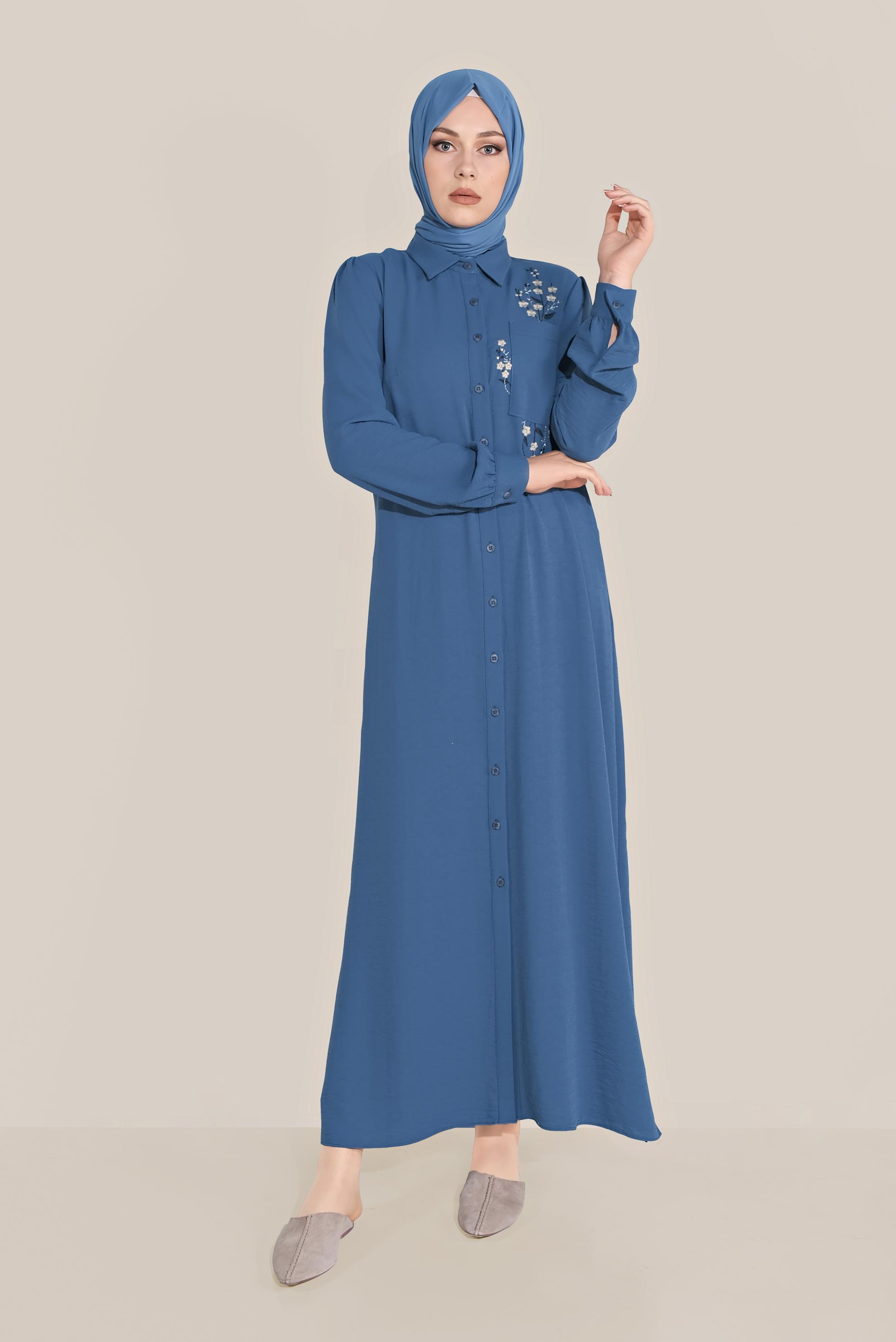 Tesettür giyim LACİVERT ÇİÇEK NAKIŞLI TUNİK 40707 