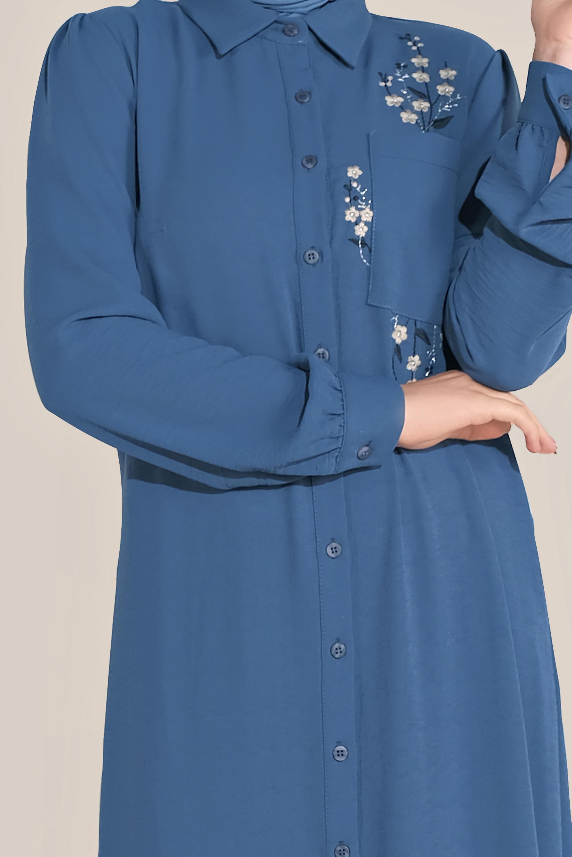 Tesettür giyim LACİVERT ÇİÇEK NAKIŞLI TUNİK 40707 