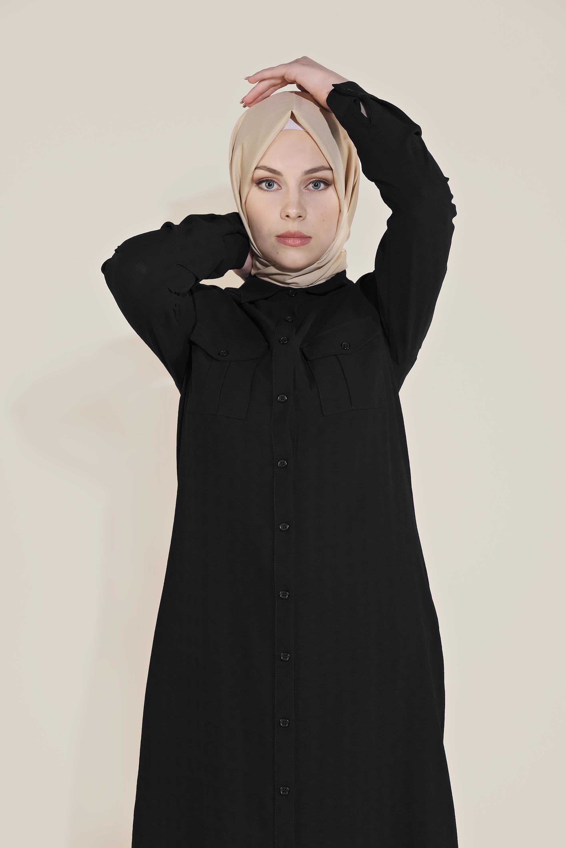 Tesettür giyim SİYAH BOYDAN DÜĞMELİ ERKEK YAKA TUNİK 40708 