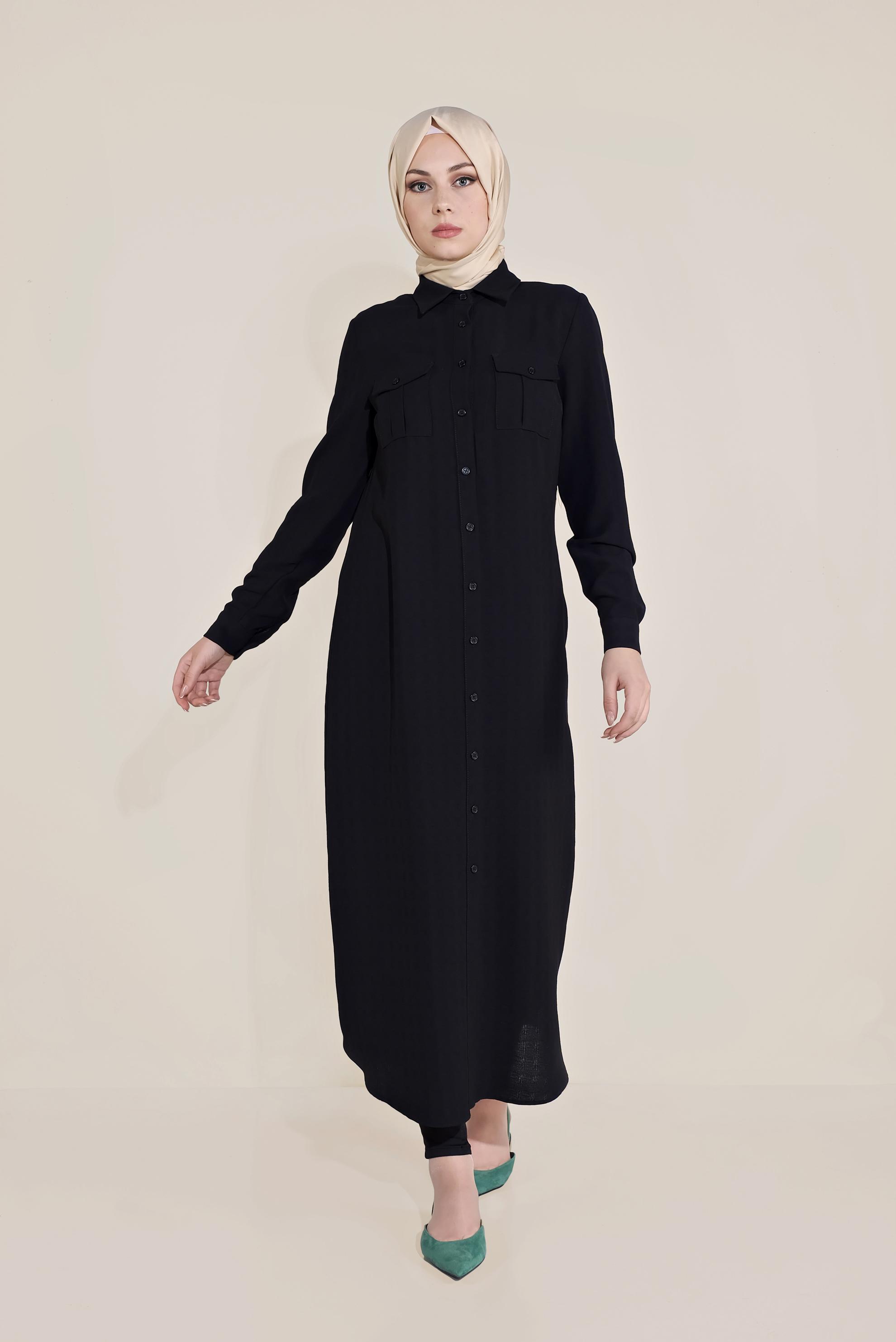 Tesettür giyim SİYAH BOYDAN DÜĞMELİ ERKEK YAKA TUNİK 40708 