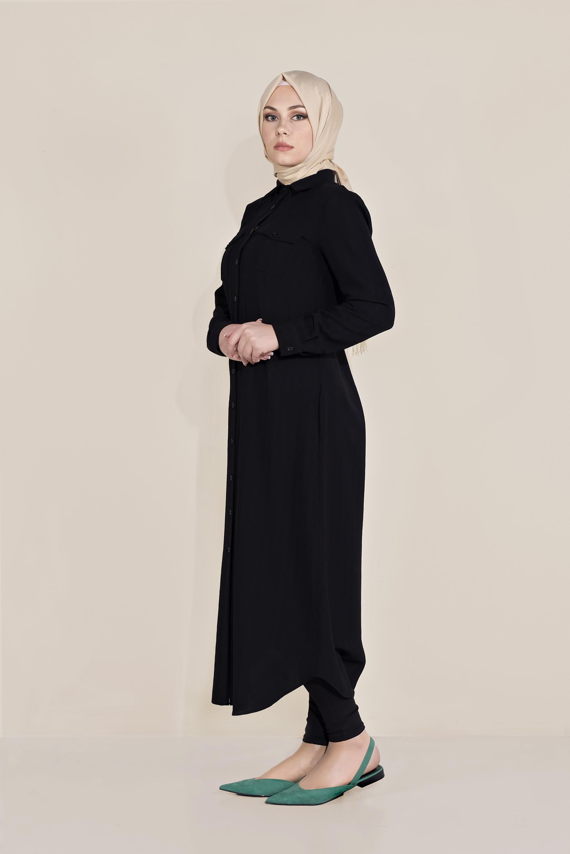 Tesettür giyim SİYAH BOYDAN DÜĞMELİ ERKEK YAKA TUNİK 40708 