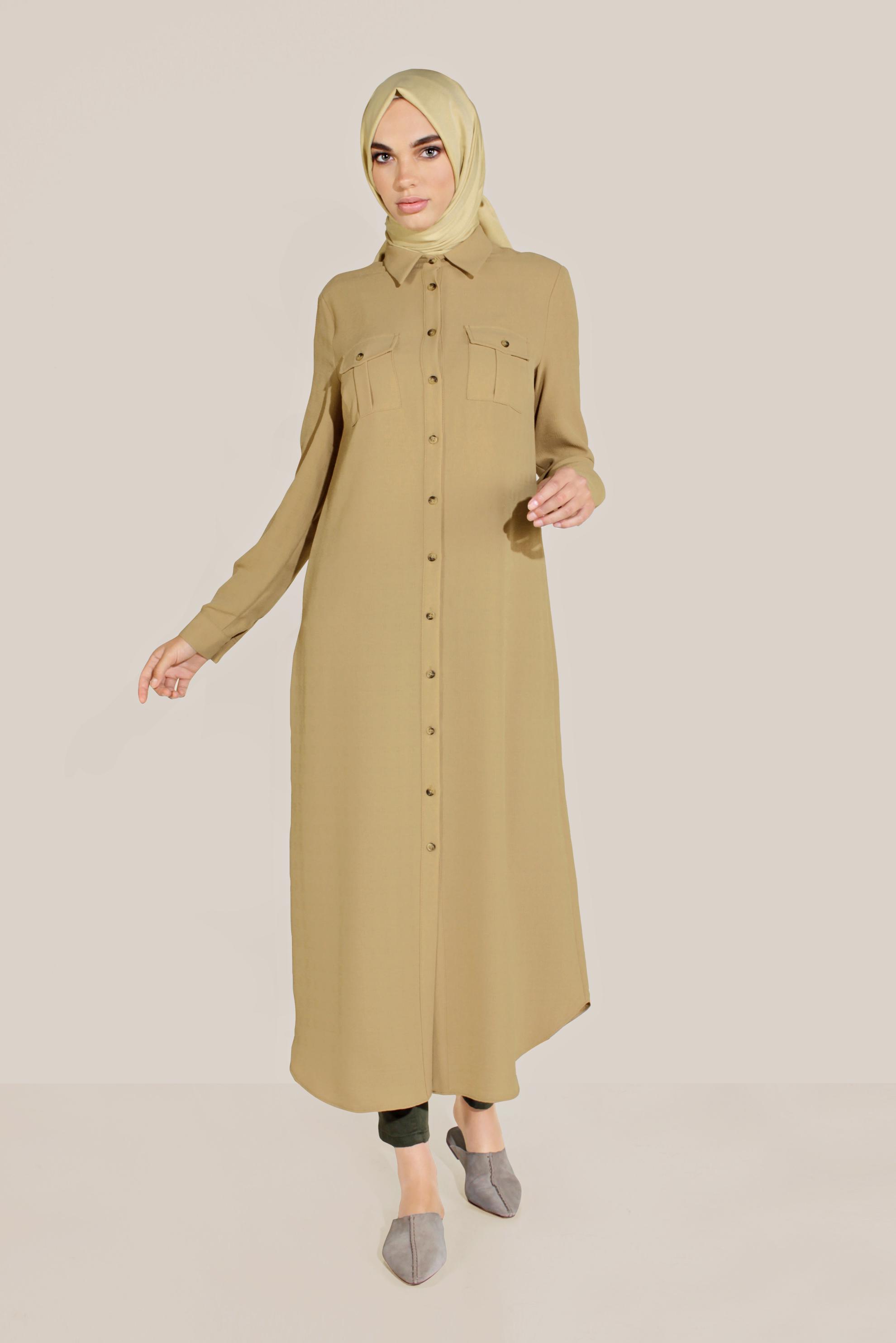 Tesettür giyim KAHVE BOYDAN DÜĞMELİ ERKEK YAKA TUNİK 40708 
