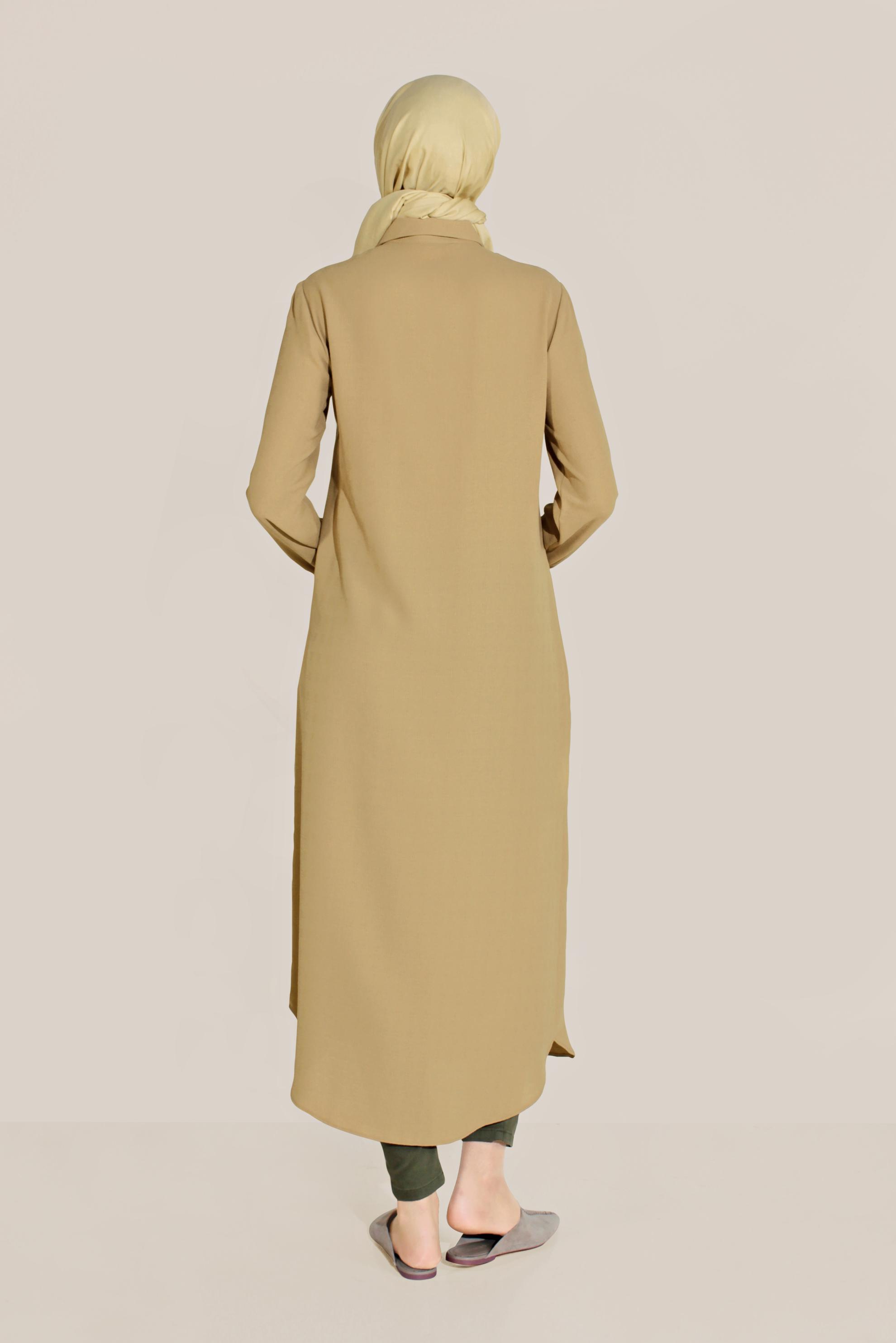 Tesettür giyim KAHVE BOYDAN DÜĞMELİ ERKEK YAKA TUNİK 40708 