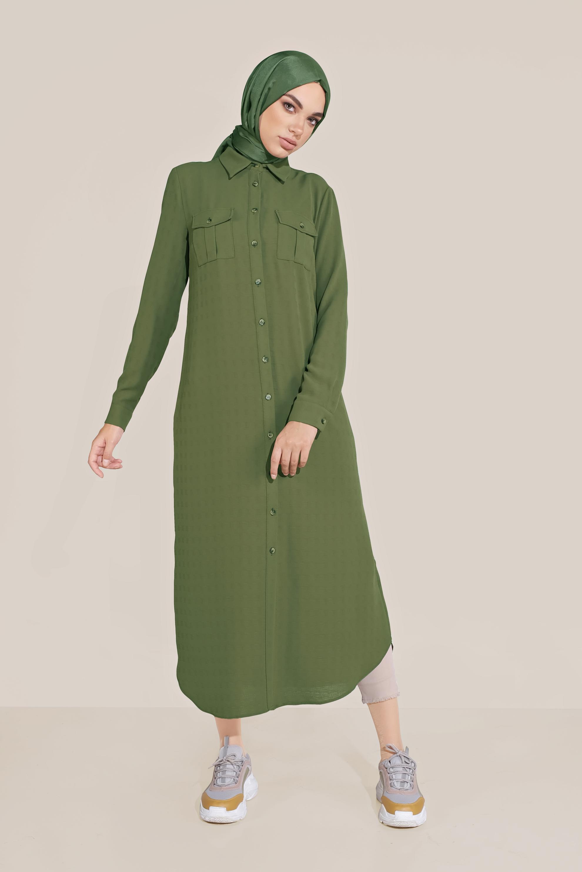 Tesettür giyim HAKİ BOYDAN DÜĞMELİ ERKEK YAKA TUNİK 40708 