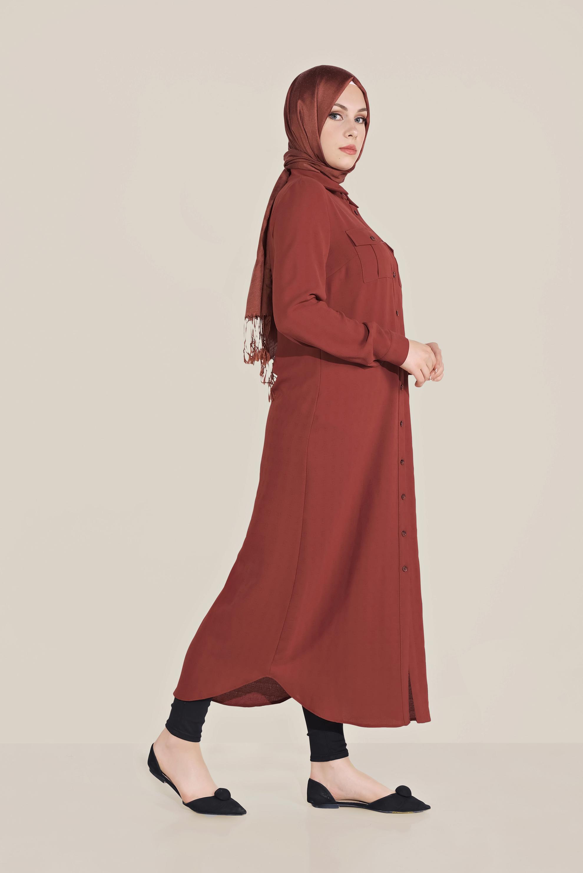 Tesettür giyim TURUNCU BOYDAN DÜĞMELİ ERKEK YAKA TUNİK 40708 