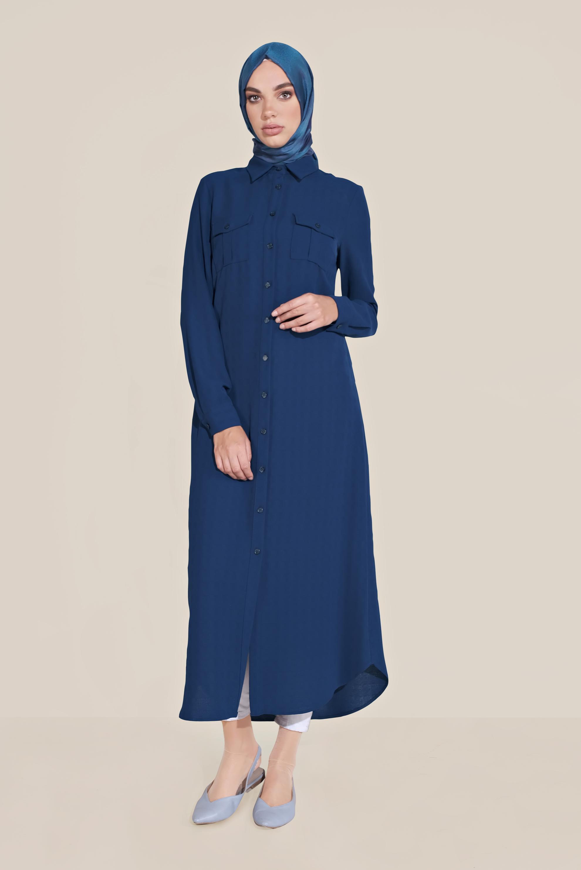 Tesettür giyim LACİVERT BOYDAN DÜĞMELİ ERKEK YAKA TUNİK 40708 