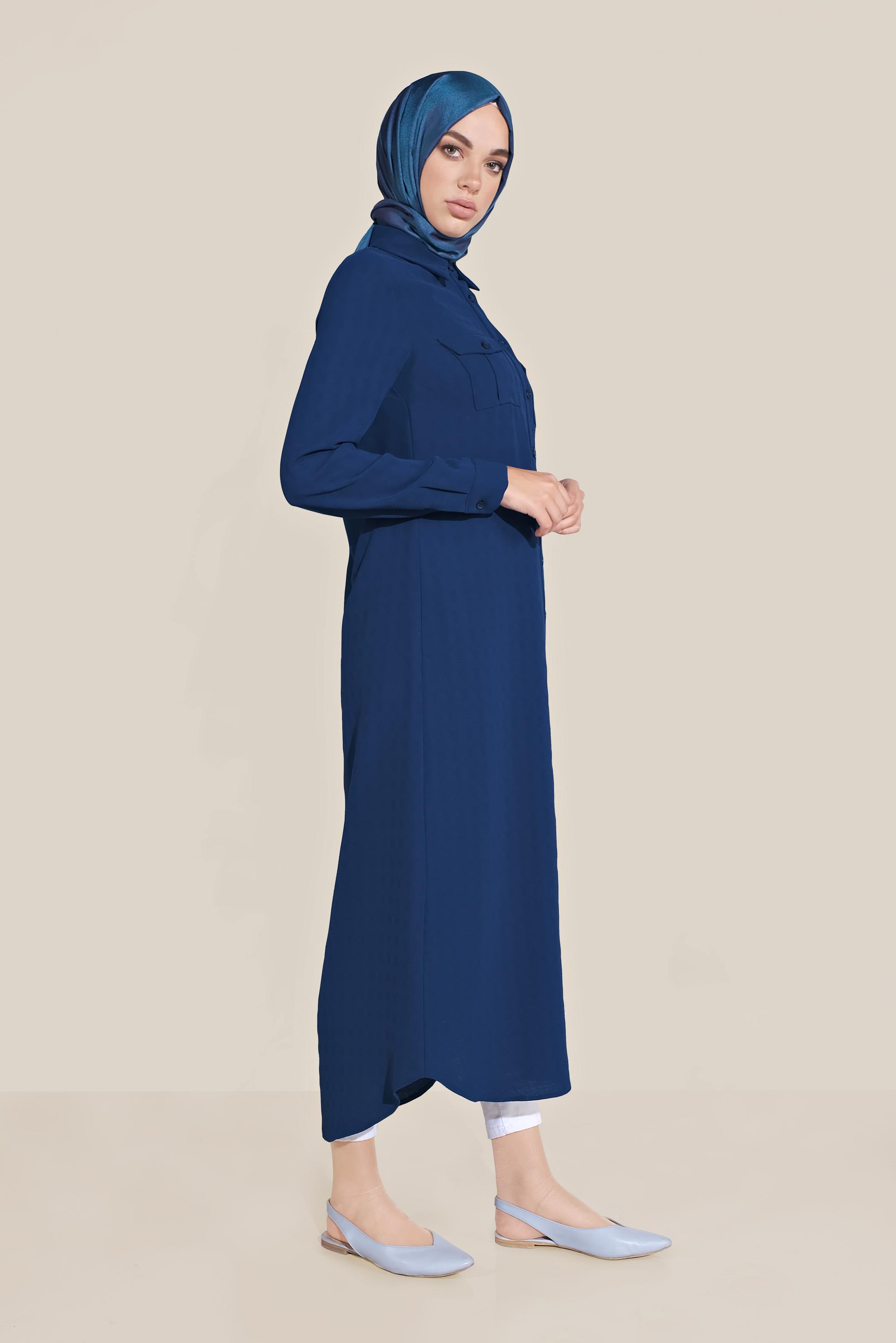 Tesettür giyim LACİVERT BOYDAN DÜĞMELİ ERKEK YAKA TUNİK 40708 