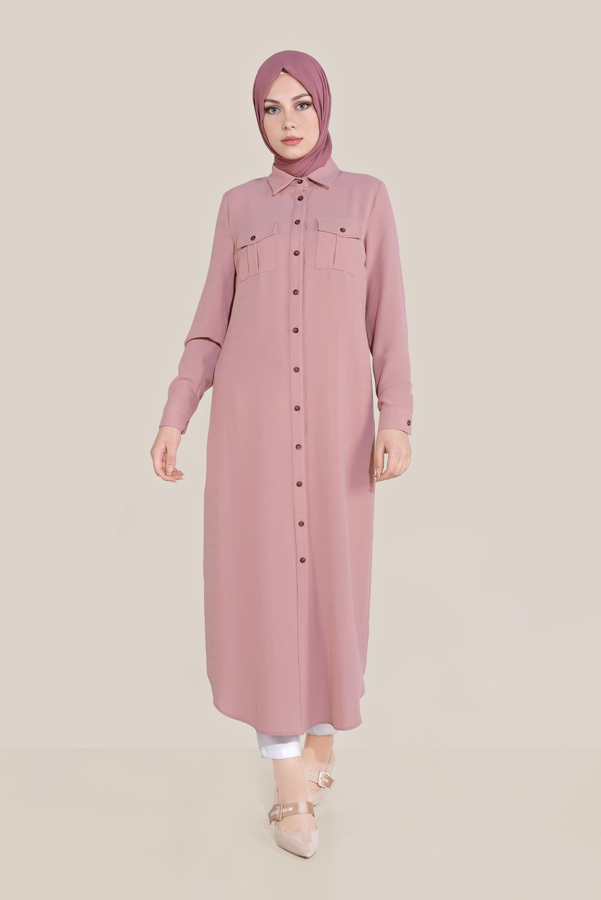 Tesettür giyim PUDRA BOYDAN DÜĞMELİ ERKEK YAKA TUNİK 40708 