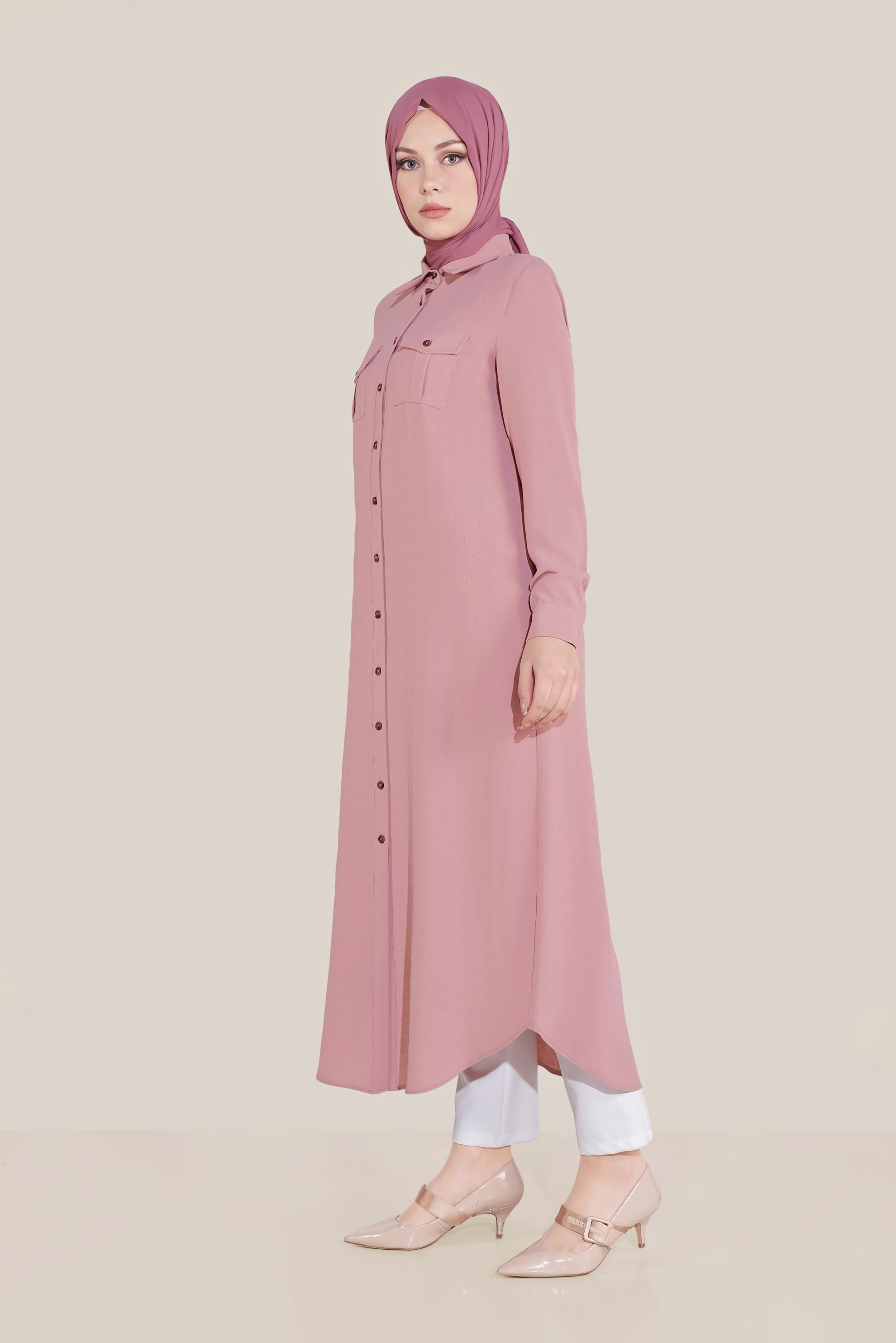 Tesettür giyim PUDRA BOYDAN DÜĞMELİ ERKEK YAKA TUNİK 40708 