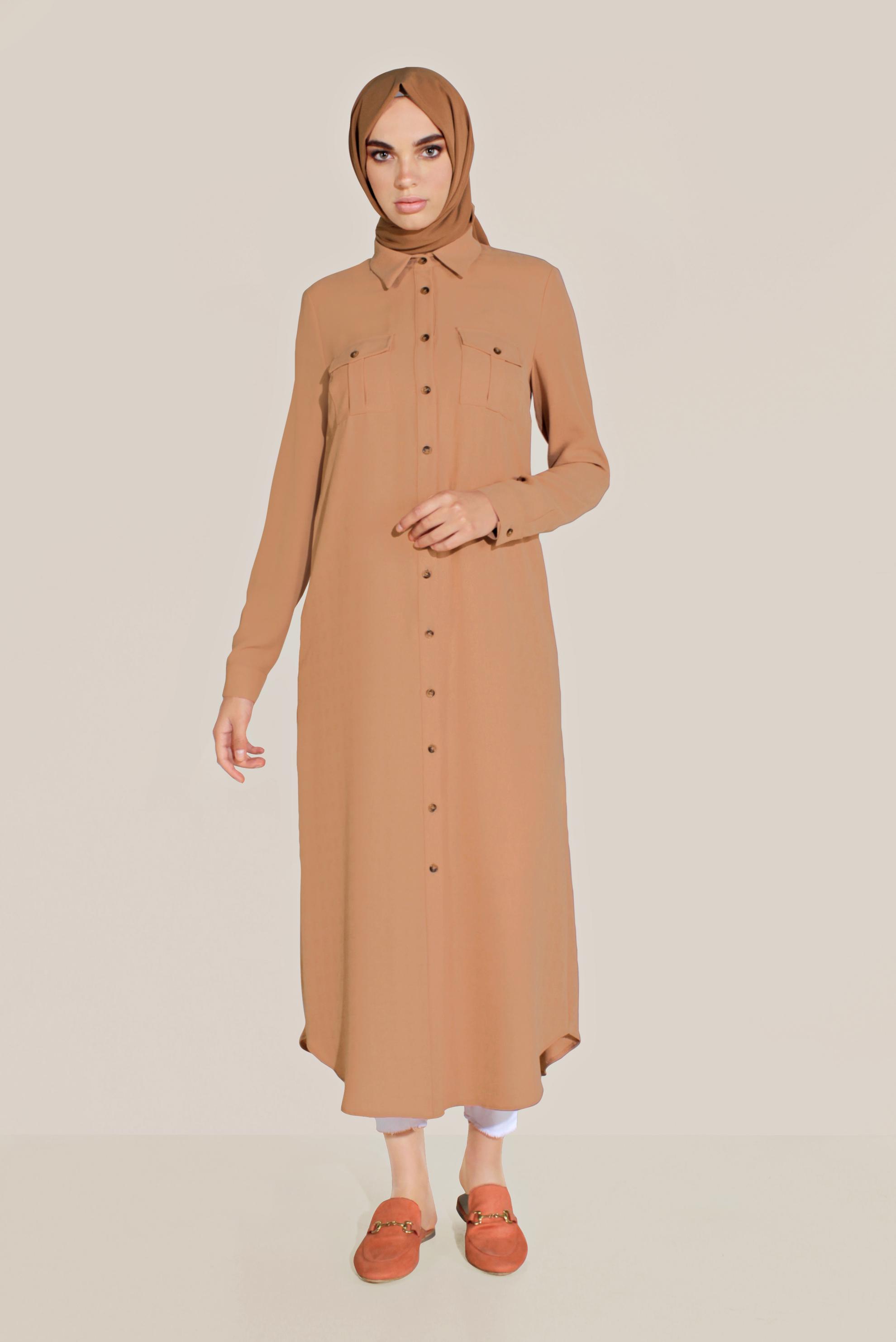 Tesettür giyim PEMBE BOYDAN DÜĞMELİ ERKEK YAKA TUNİK 40708 