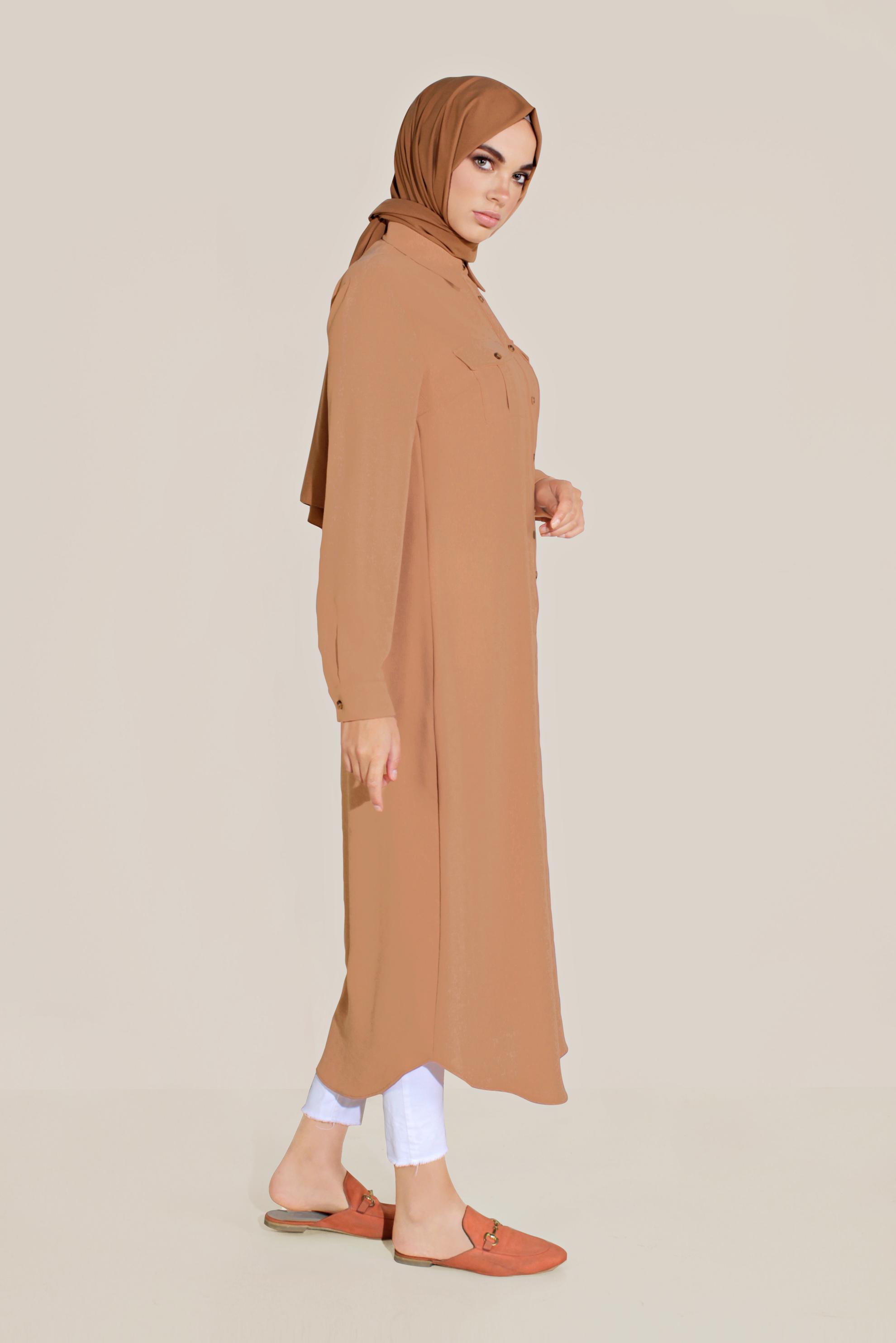 Tesettür giyim PEMBE BOYDAN DÜĞMELİ ERKEK YAKA TUNİK 40708 