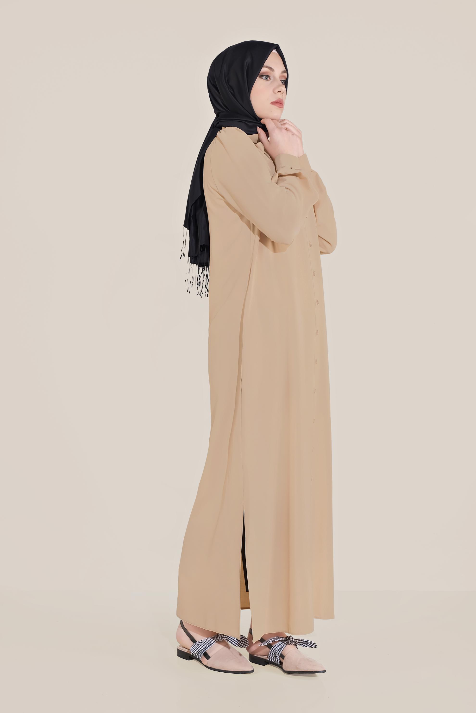 Tesettür giyim BEJ FİYONK YAKA DÜĞMELİ TUNİK 40710 