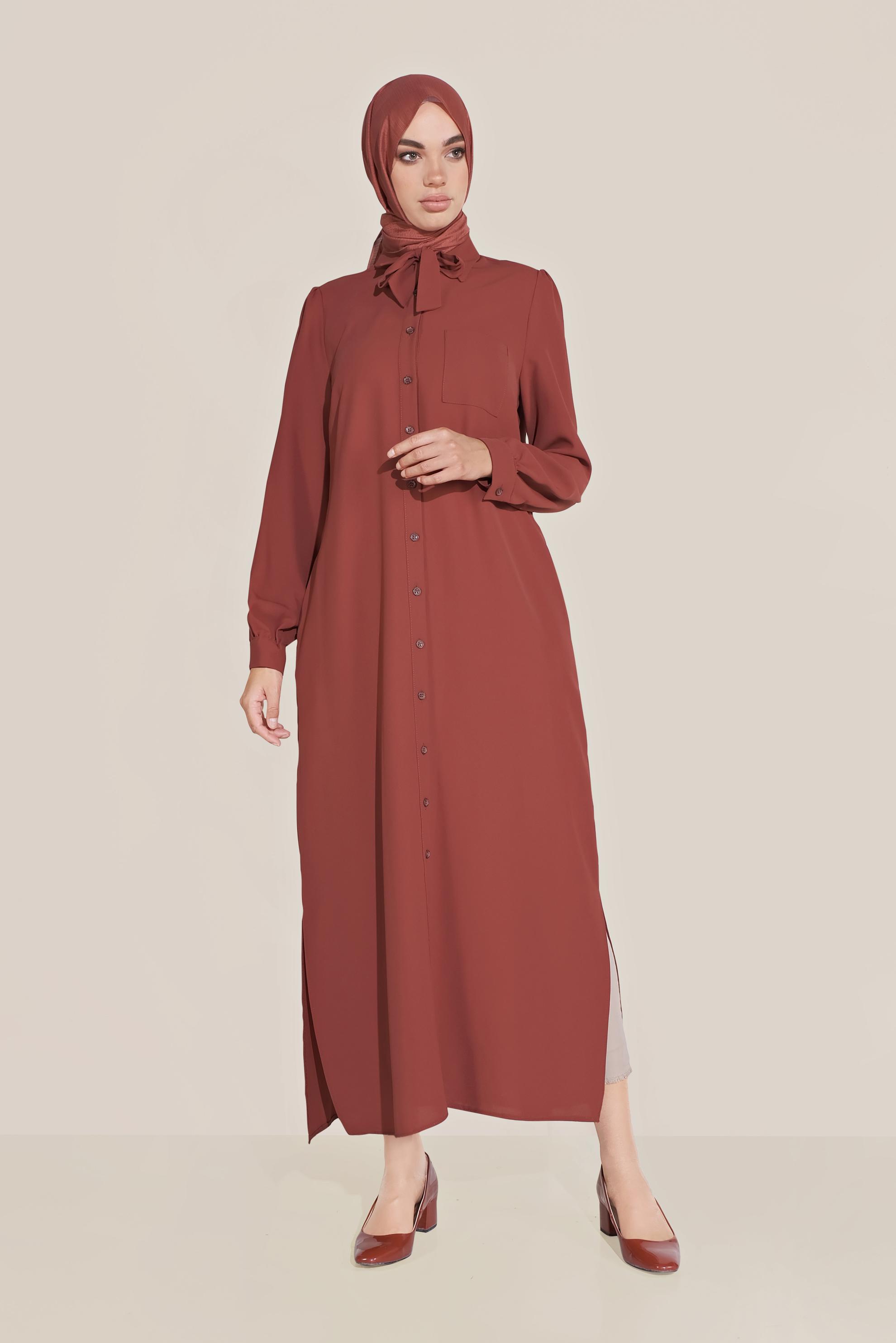 Tesettür giyim BORDO FİYONK YAKA DÜĞMELİ TUNİK 40710 