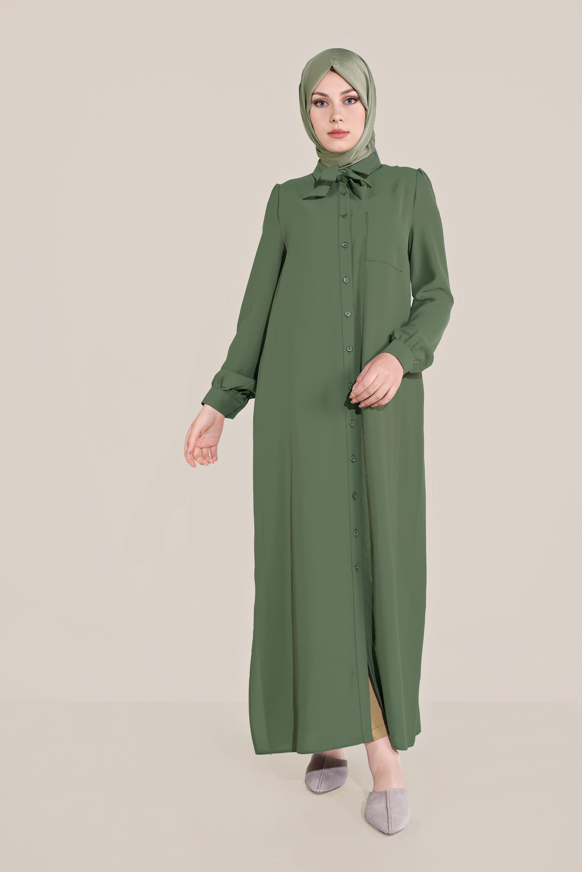 Tesettür giyim HAKİ FİYONK YAKA DÜĞMELİ TUNİK 40710 