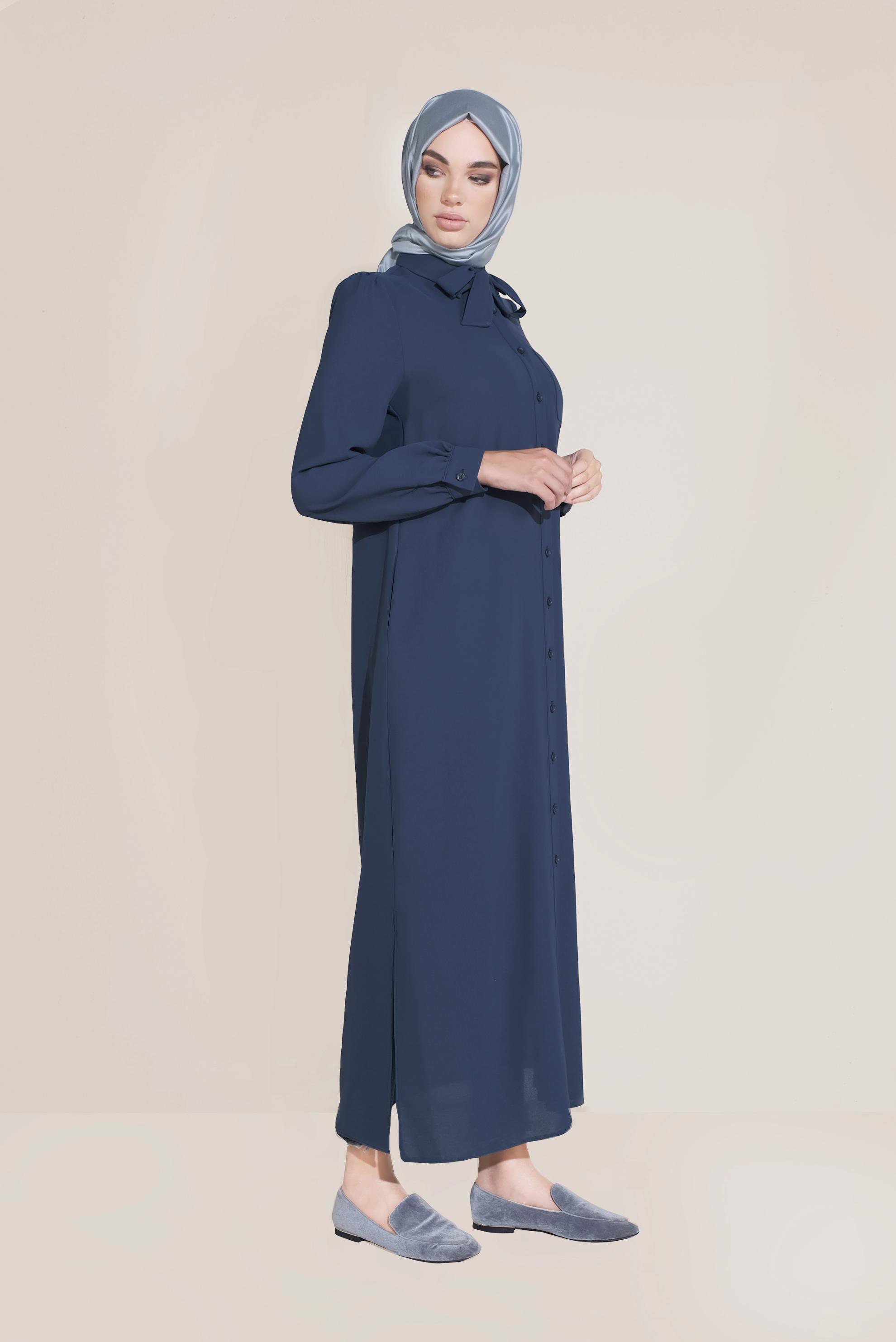 Tesettür giyim LACİVERT FİYONK YAKA DÜĞMELİ TUNİK 40710 