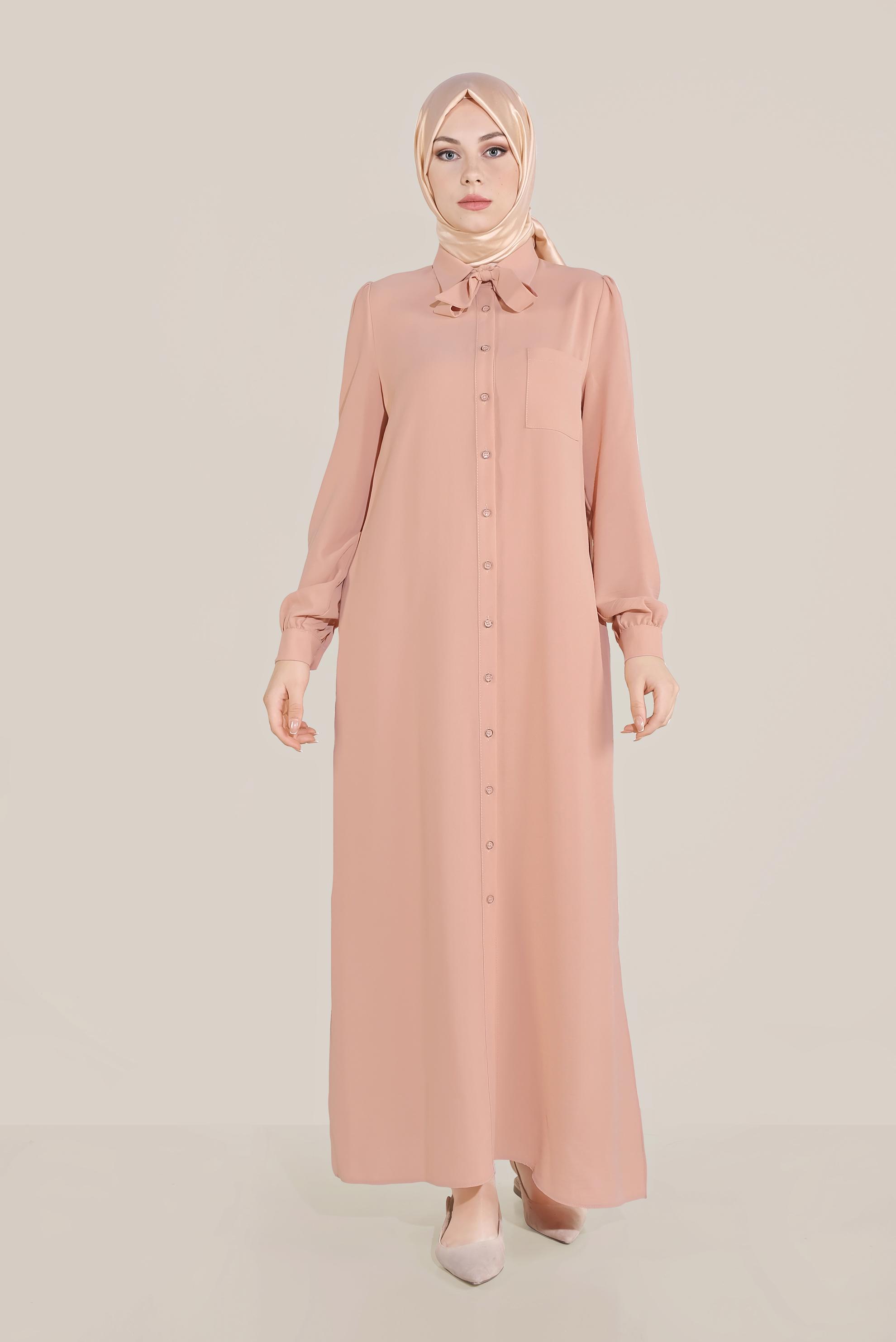 Tesettür giyim PUDRA FİYONK YAKA DÜĞMELİ TUNİK 40710 