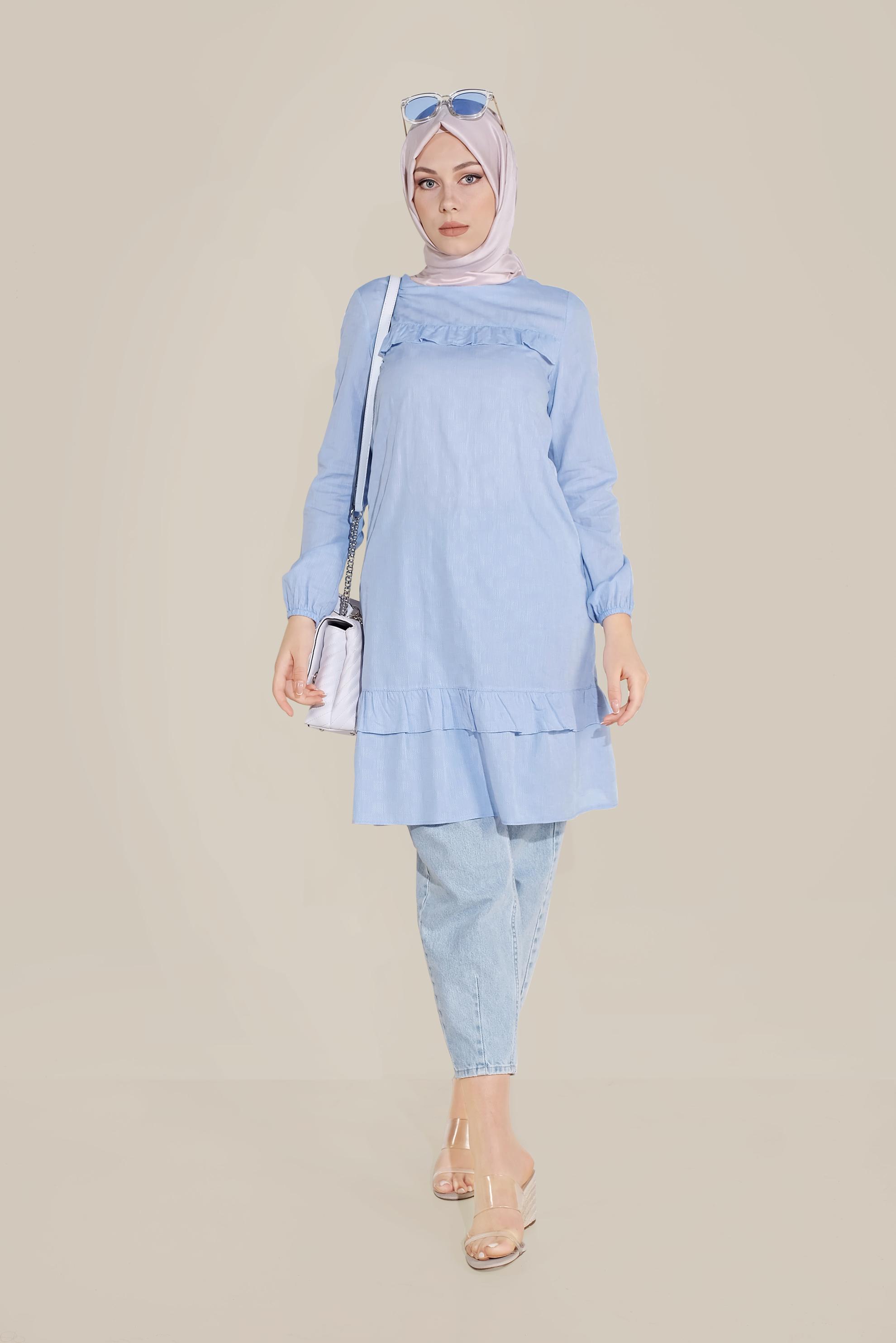 Tesettür giyim MAVİ FIRFIR DETAYLI TUNİK 40712