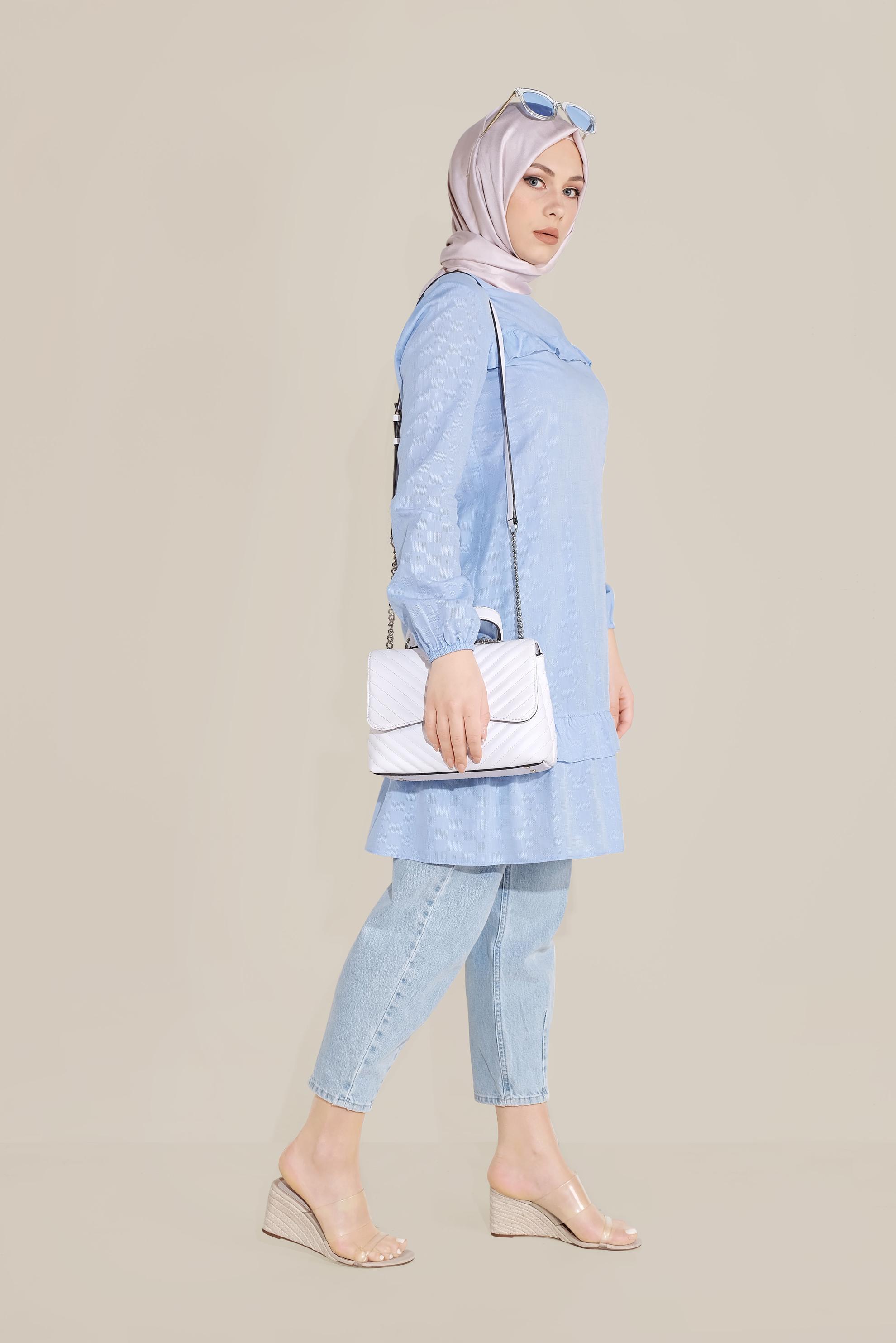 Tesettür giyim MAVİ FIRFIR DETAYLI TUNİK 40712