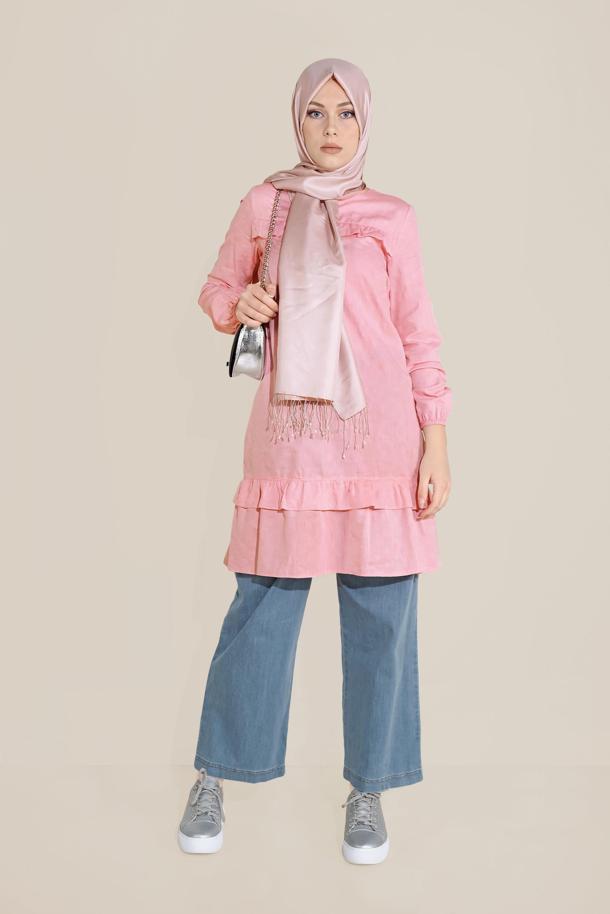 Tesettür giyim PEMBE FIRFIR DETAYLI TUNİK 40712