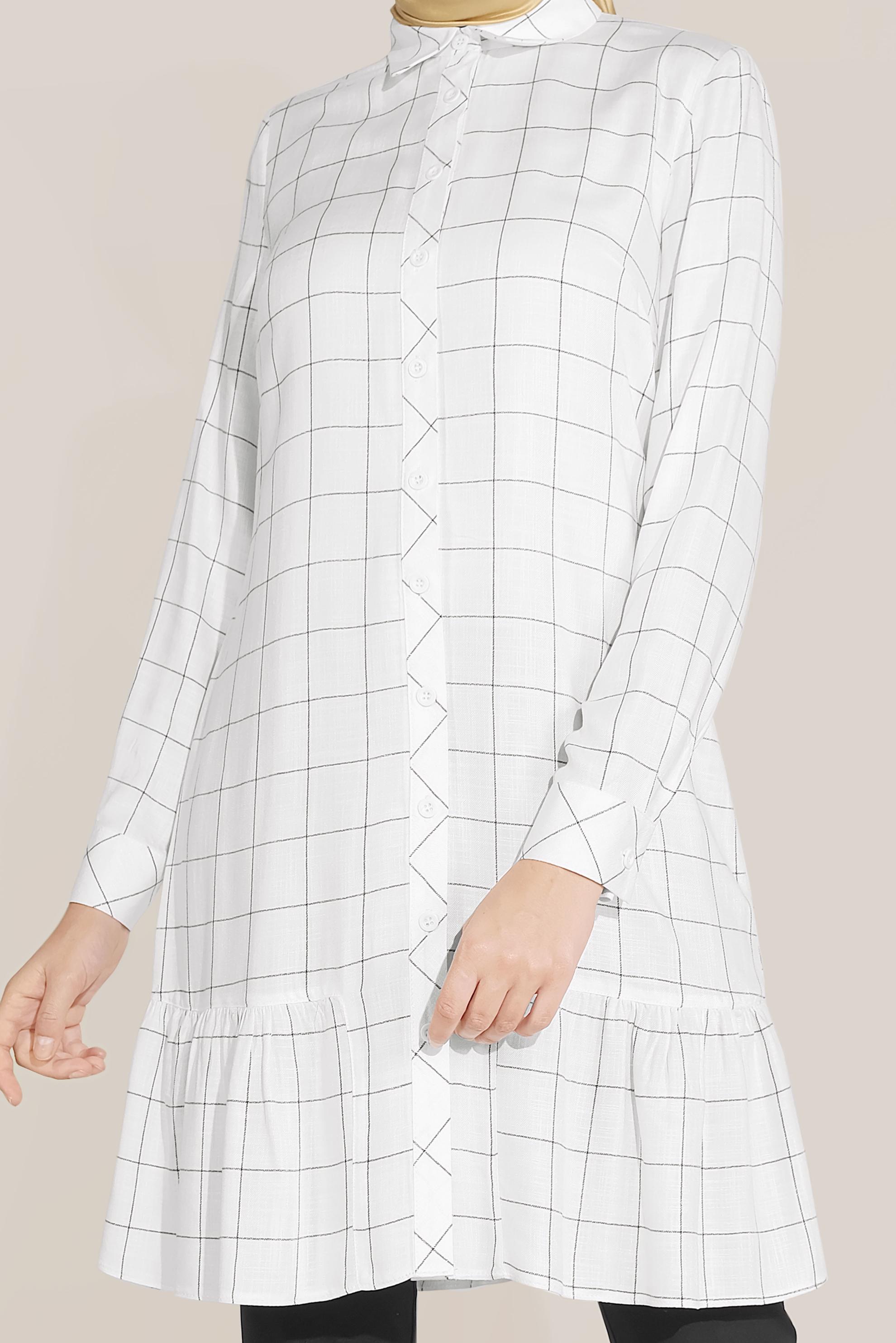 Tesettür giyim BEYAZ ETEK UCU VOLANLI ÇİZGİLİ TUNİK 40714 