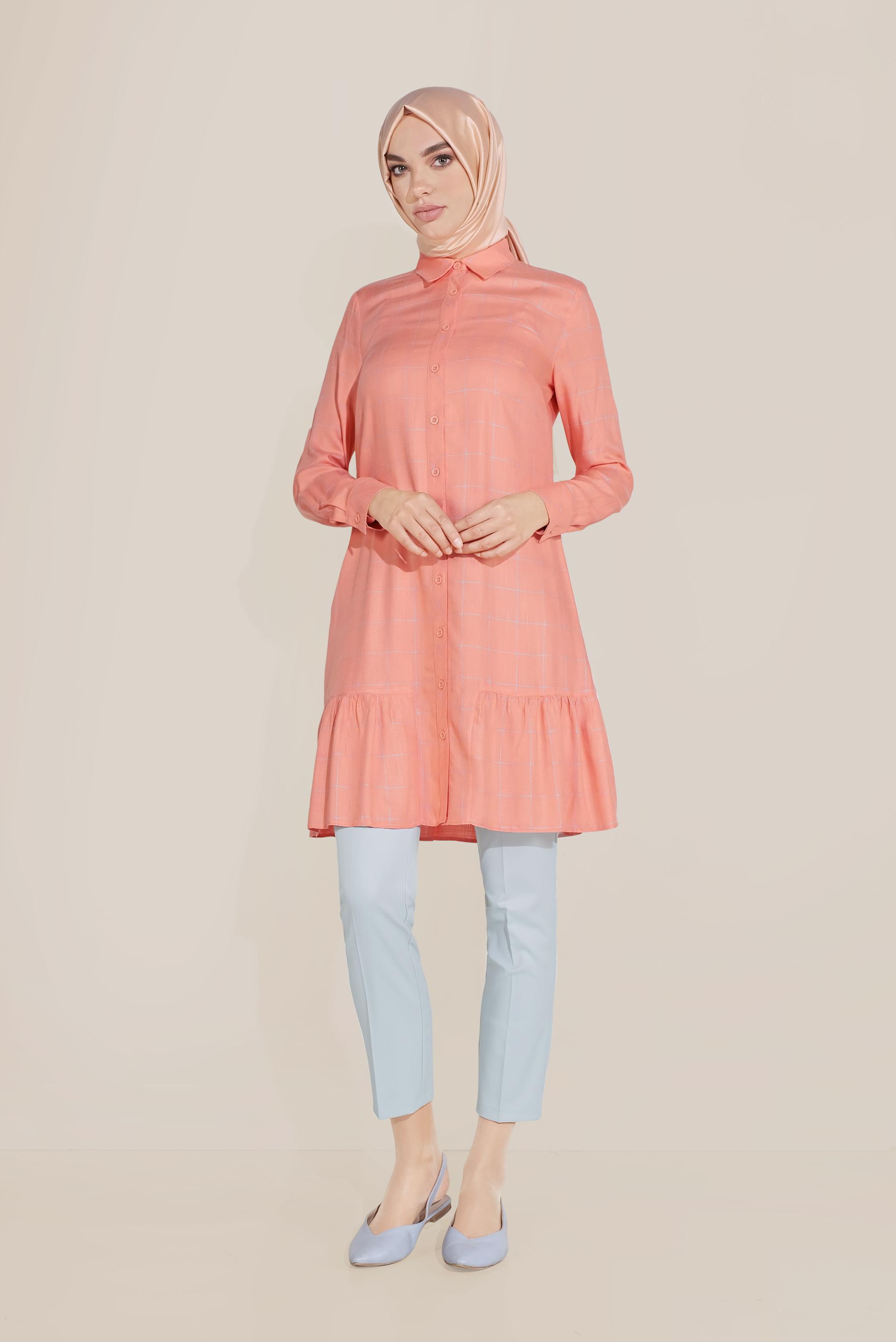 Tesettür giyim MERCAN ETEK UCU VOLANLI ÇİZGİLİ TUNİK 40714 