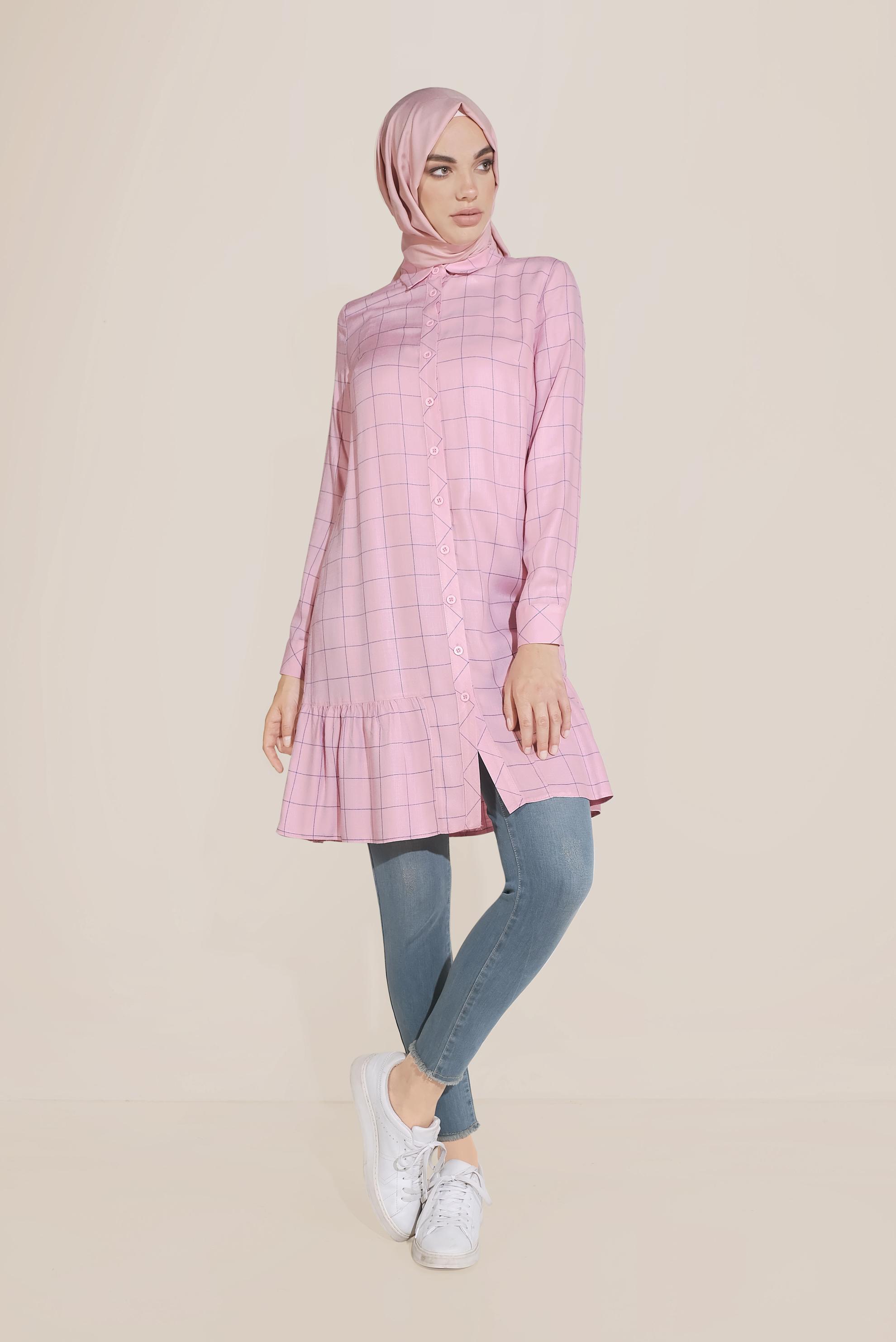 Tesettür giyim PEMBE ETEK UCU VOLANLI ÇİZGİLİ TUNİK 40714 