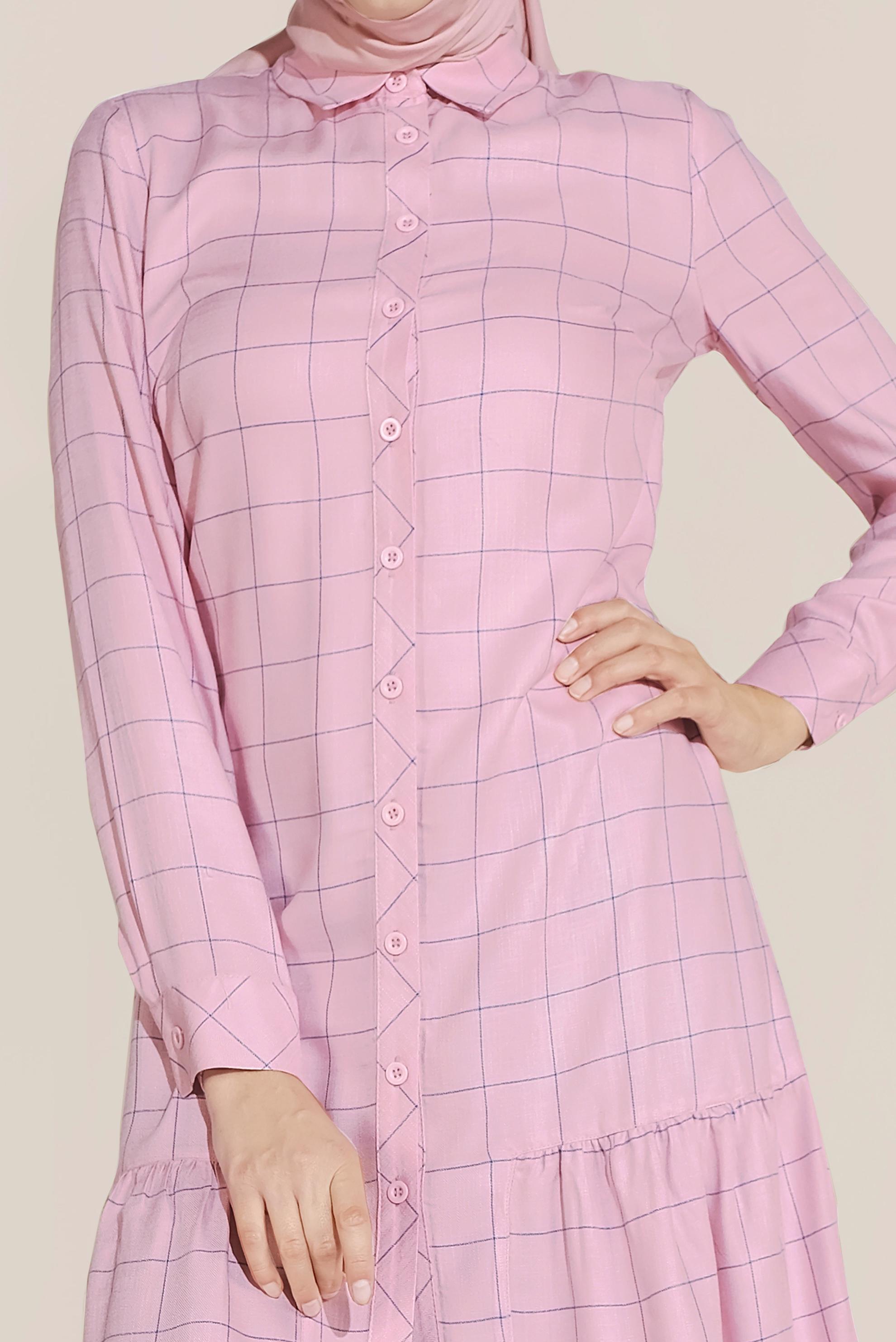 Tesettür giyim PEMBE ETEK UCU VOLANLI ÇİZGİLİ TUNİK 40714 