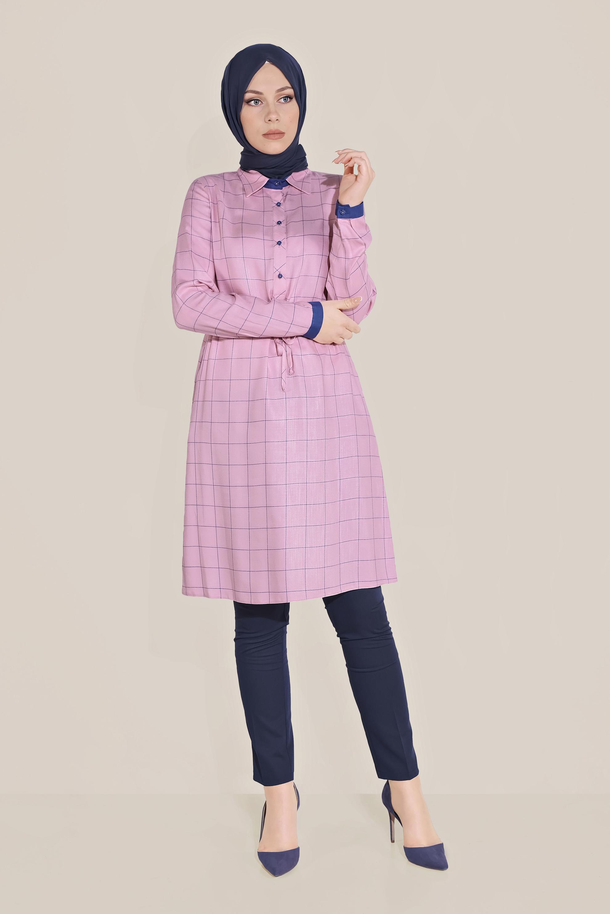 Tesettür giyim PEMBE KARE DESENLİ BELDEN LASTİKLİ TUNİK 40729