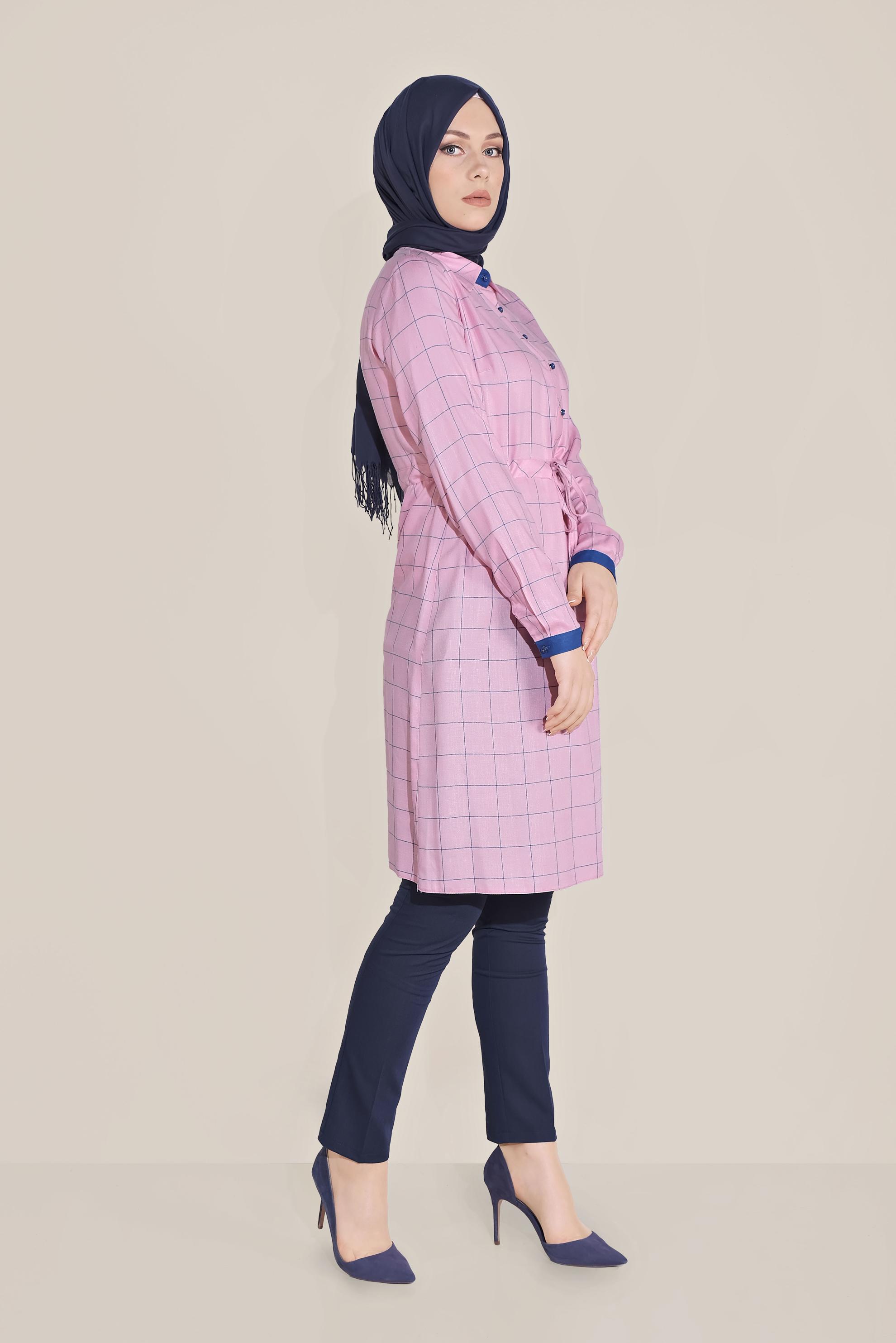 Tesettür giyim PEMBE KARE DESENLİ BELDEN LASTİKLİ TUNİK 40729