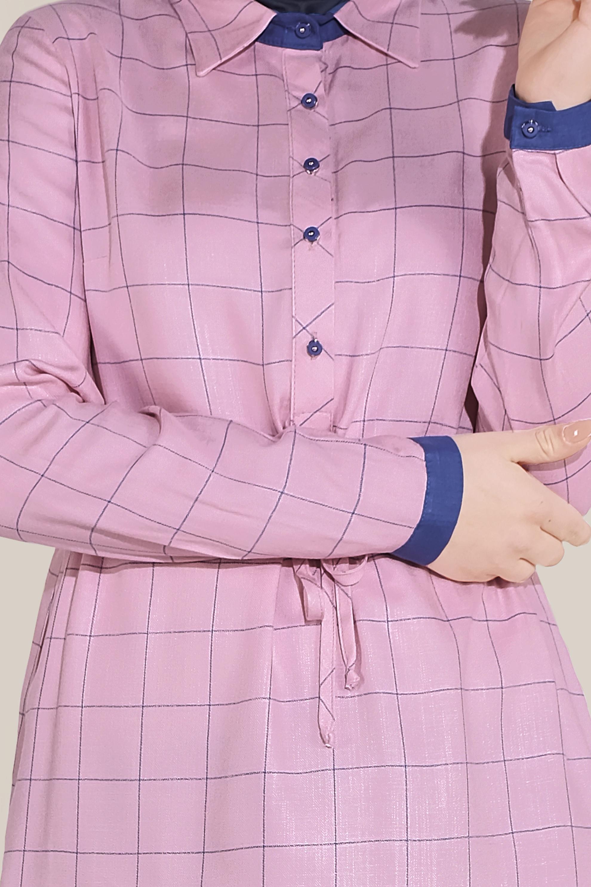 Tesettür giyim PEMBE KARE DESENLİ BELDEN LASTİKLİ TUNİK 40729