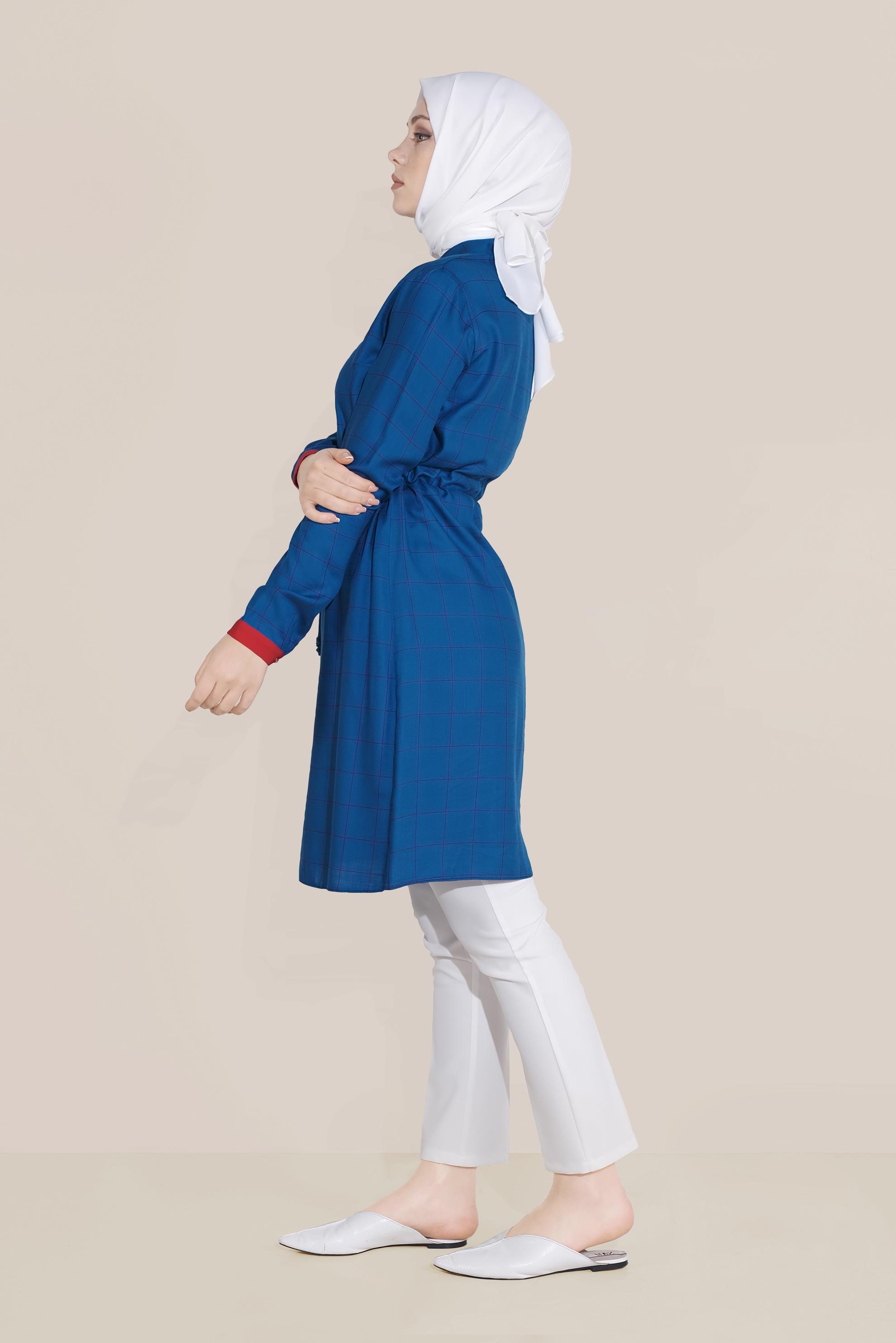 Tesettür giyim LACİVERT KARE DESENLİ BELDEN LASTİKLİ TUNİK 40729