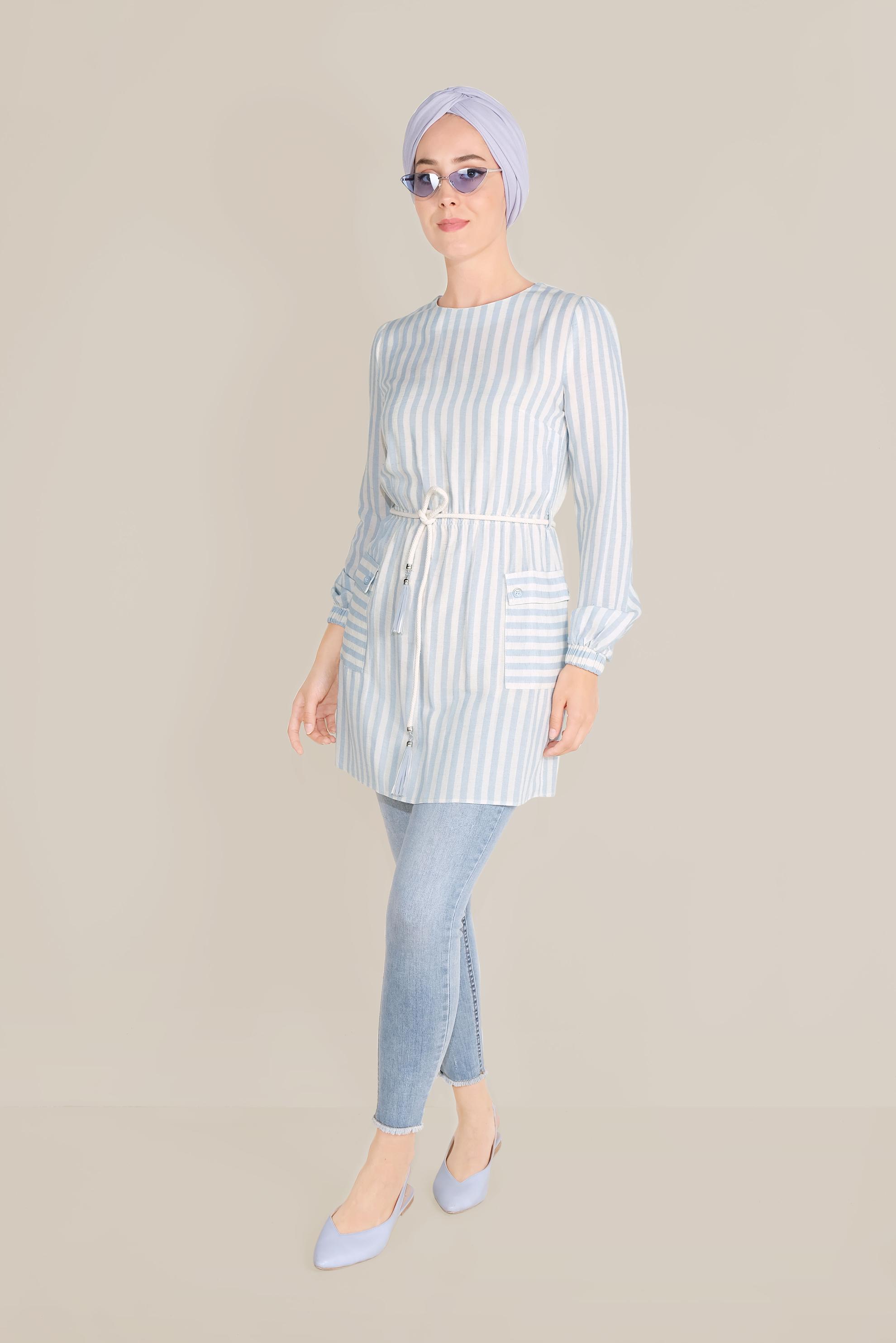 Tesettür giyim MAVİ ÇİZGİLİ BELİ BAĞCIKLI TUNİK 40738 