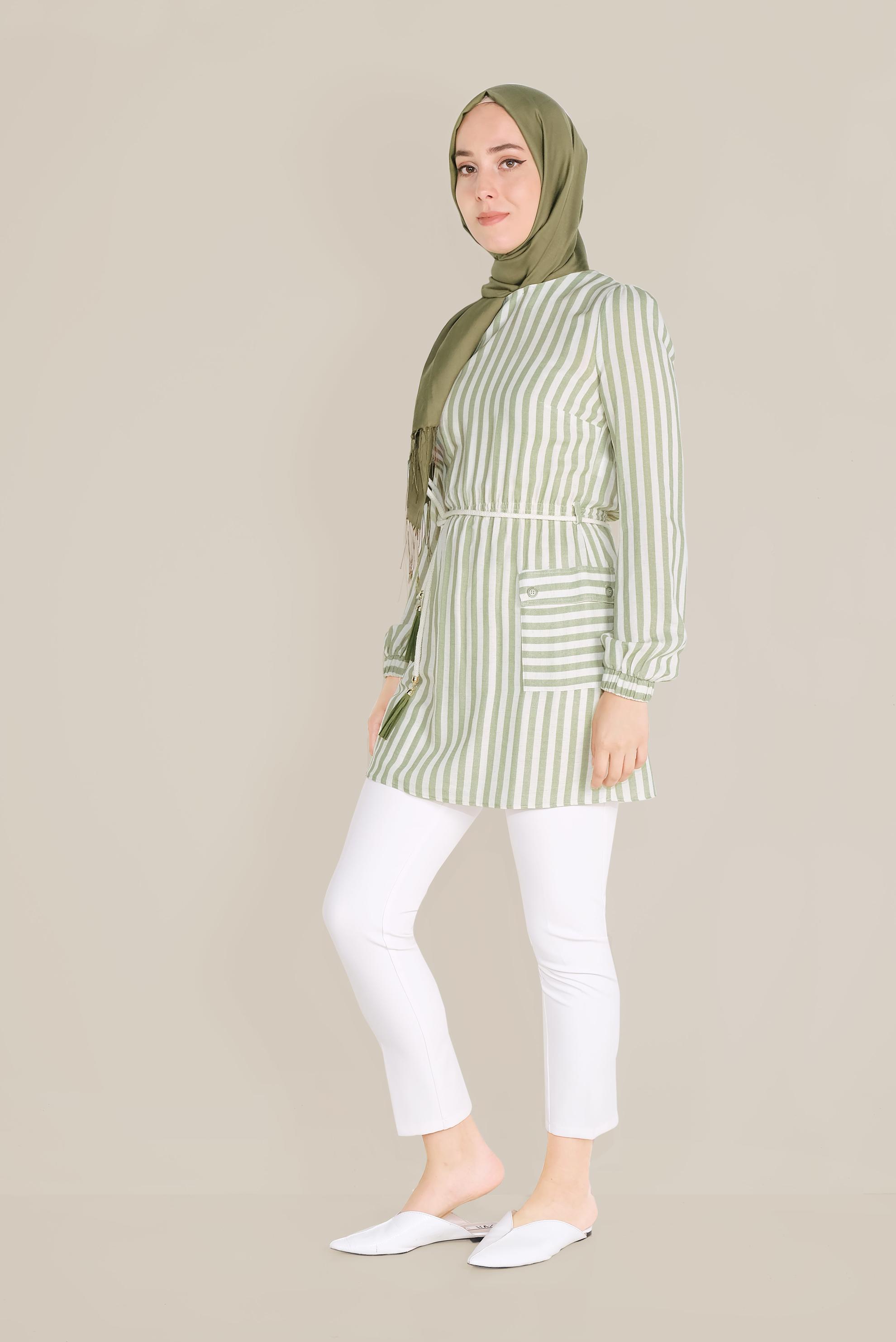 Tesettür giyim YEŞİL ÇİZGİLİ BELİ BAĞCIKLI TUNİK 40738 