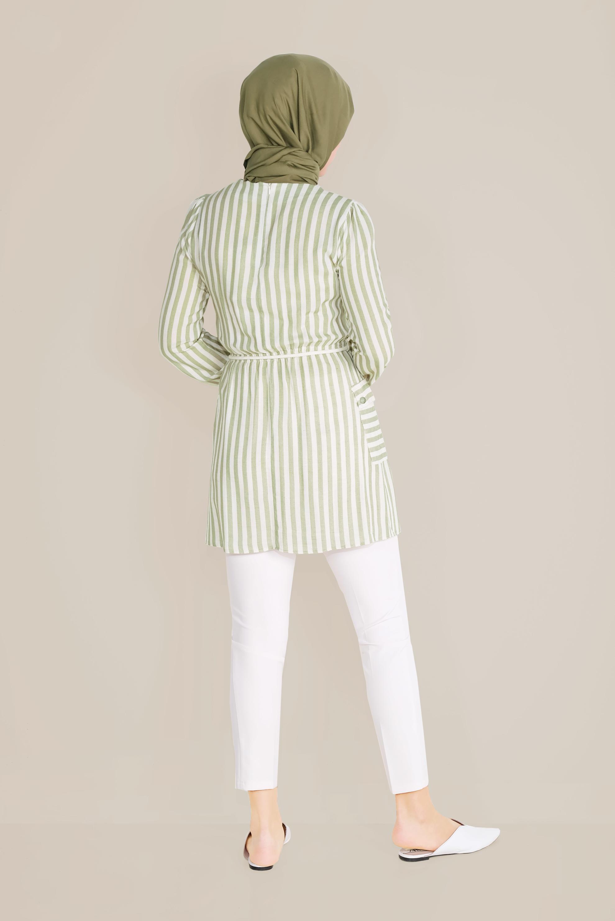 Tesettür giyim YEŞİL ÇİZGİLİ BELİ BAĞCIKLI TUNİK 40738 