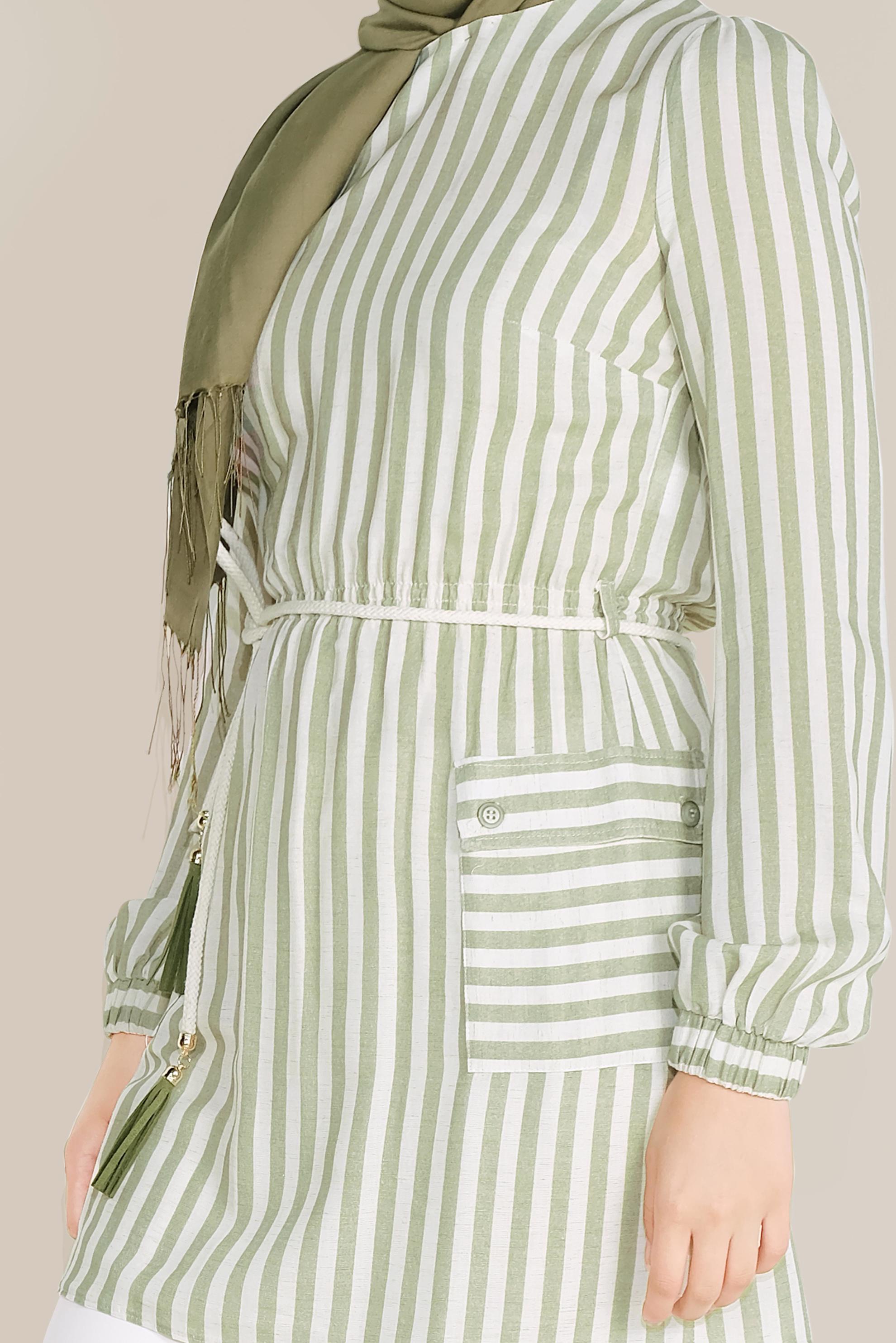 Tesettür giyim YEŞİL ÇİZGİLİ BELİ BAĞCIKLI TUNİK 40738 