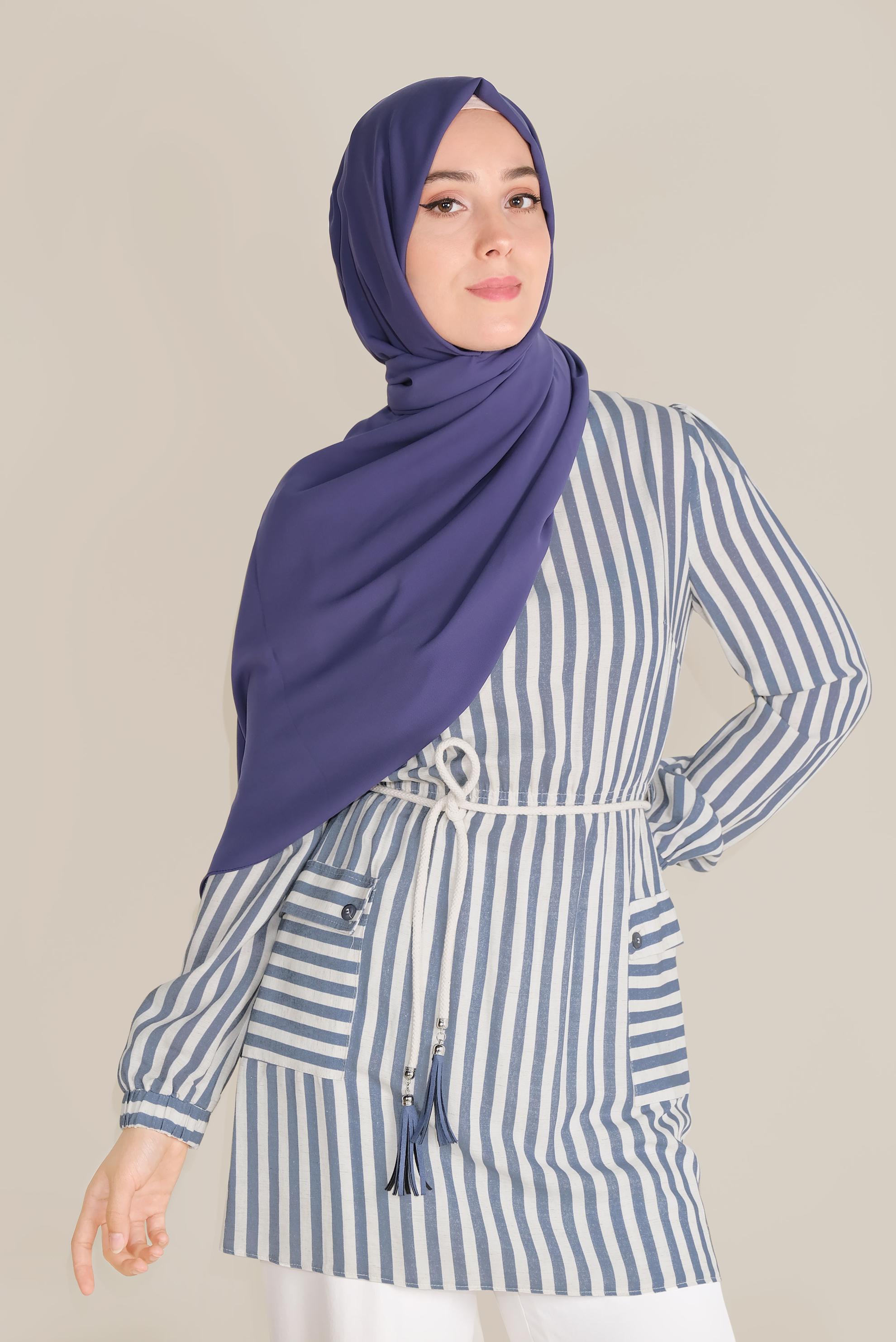 Tesettür giyim LACİVERT ÇİZGİLİ BELİ BAĞCIKLI TUNİK 40738 