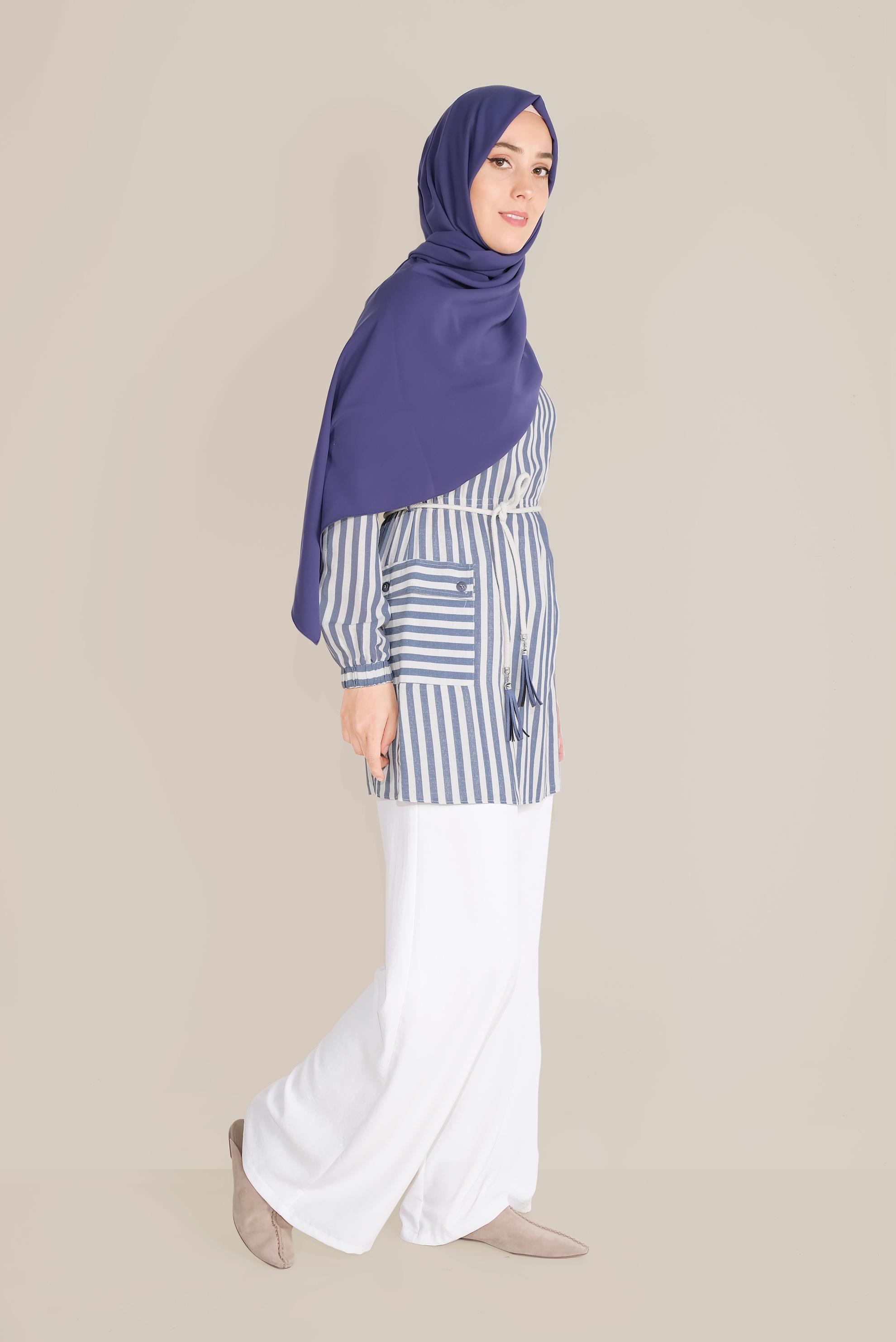 Tesettür giyim LACİVERT ÇİZGİLİ BELİ BAĞCIKLI TUNİK 40738 
