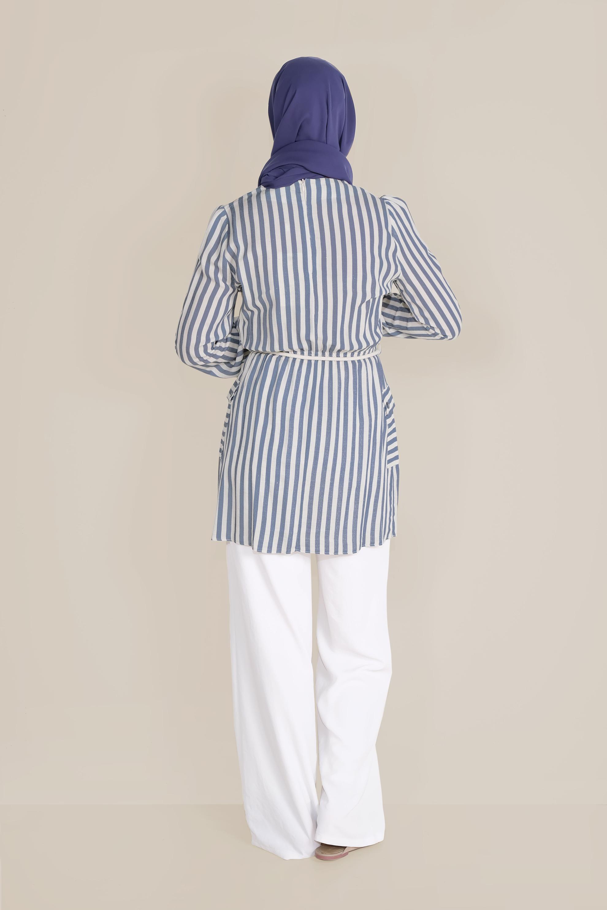 Tesettür giyim LACİVERT ÇİZGİLİ BELİ BAĞCIKLI TUNİK 40738 