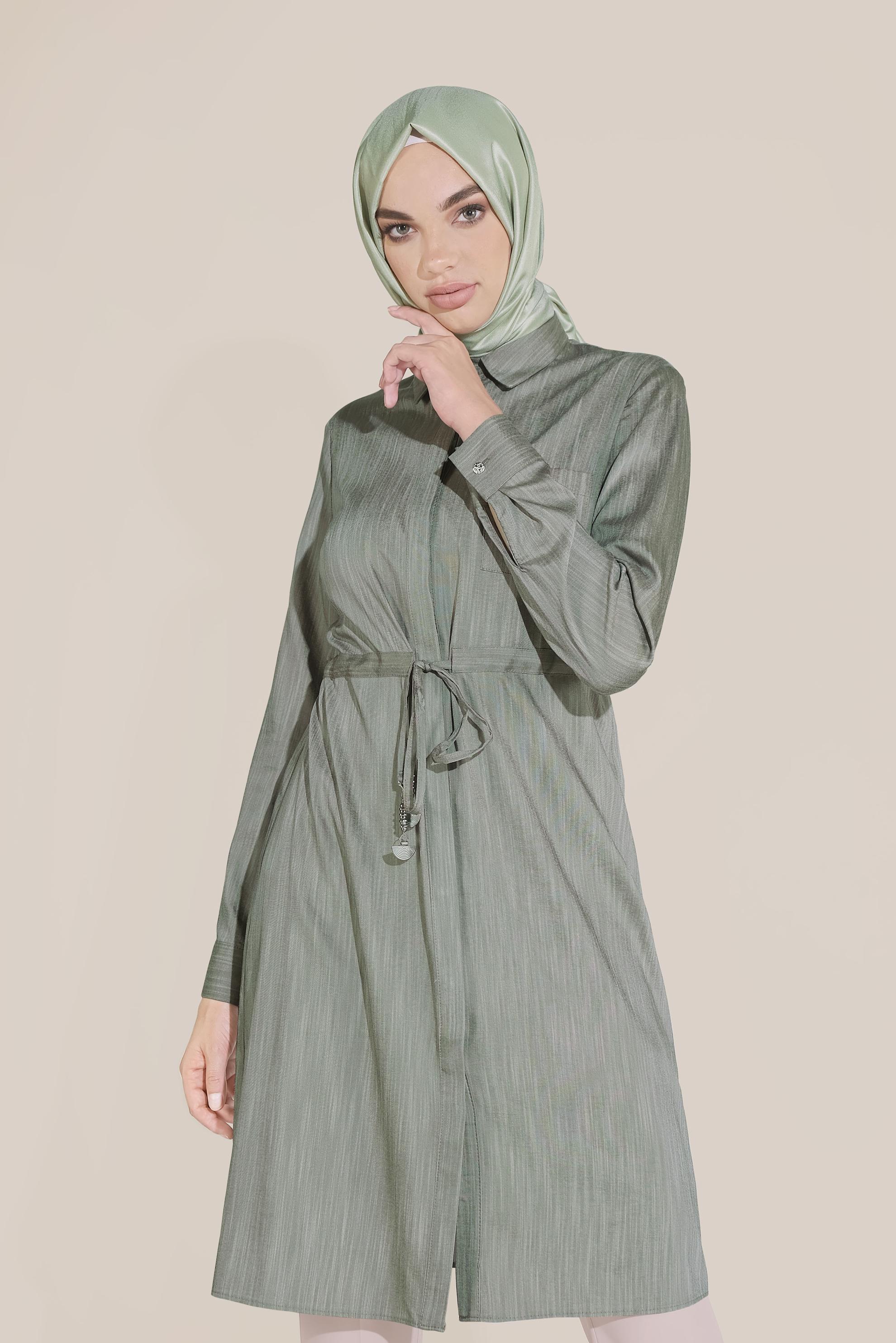 Tesettür giyim HAKİ BELİ BAĞCIKLI CEPLİ TUNİK 40746 