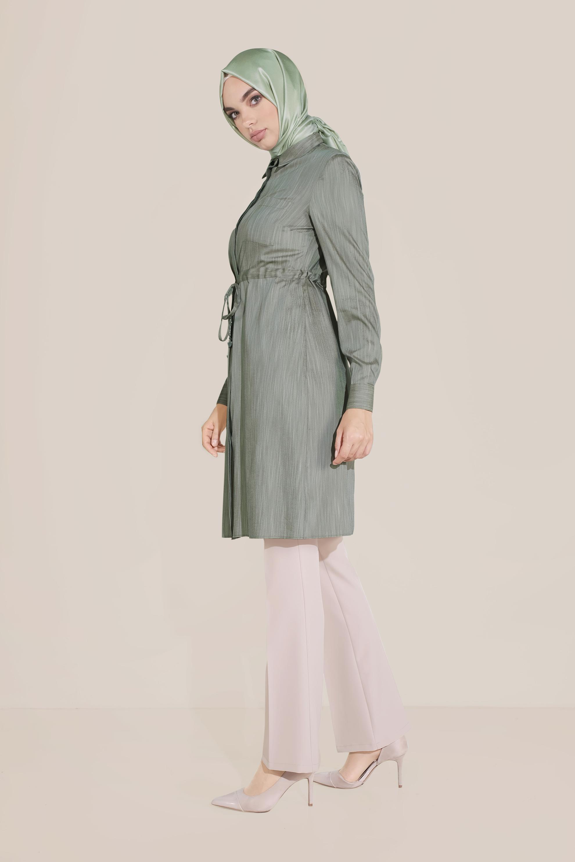 Tesettür giyim HAKİ BELİ BAĞCIKLI CEPLİ TUNİK 40746 