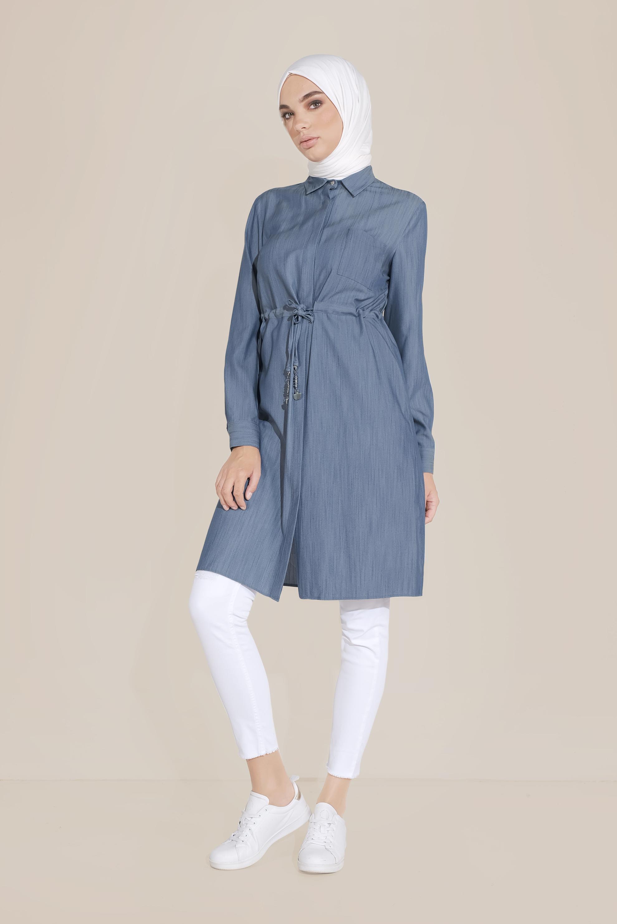 Tesettür giyim LACİVERT BELİ BAĞCIKLI CEPLİ TUNİK 40746 