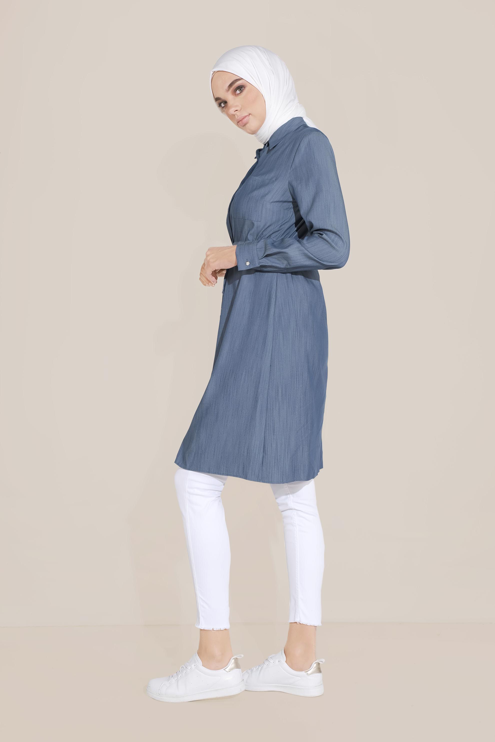 Tesettür giyim LACİVERT BELİ BAĞCIKLI CEPLİ TUNİK 40746 