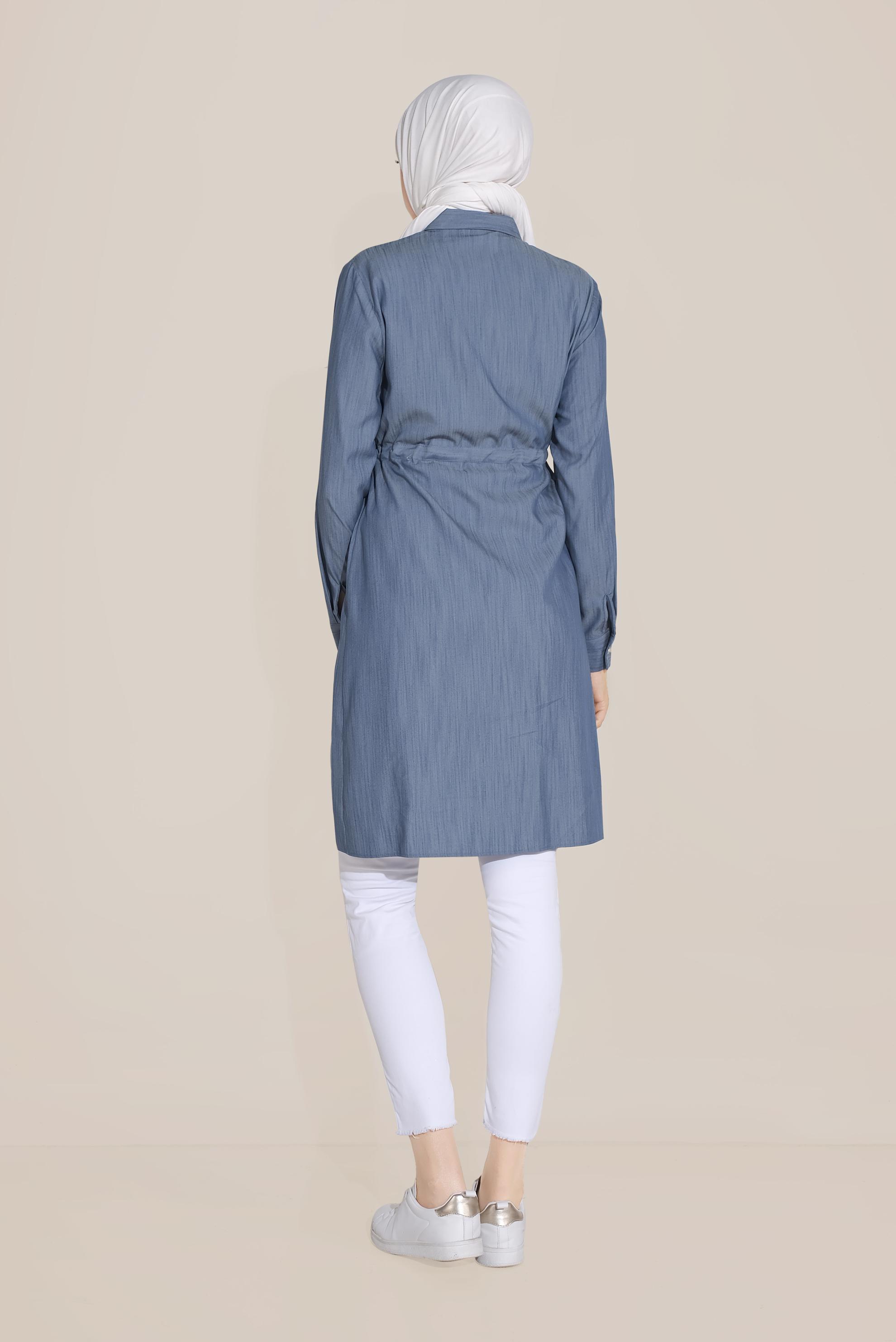 Tesettür giyim LACİVERT BELİ BAĞCIKLI CEPLİ TUNİK 40746 