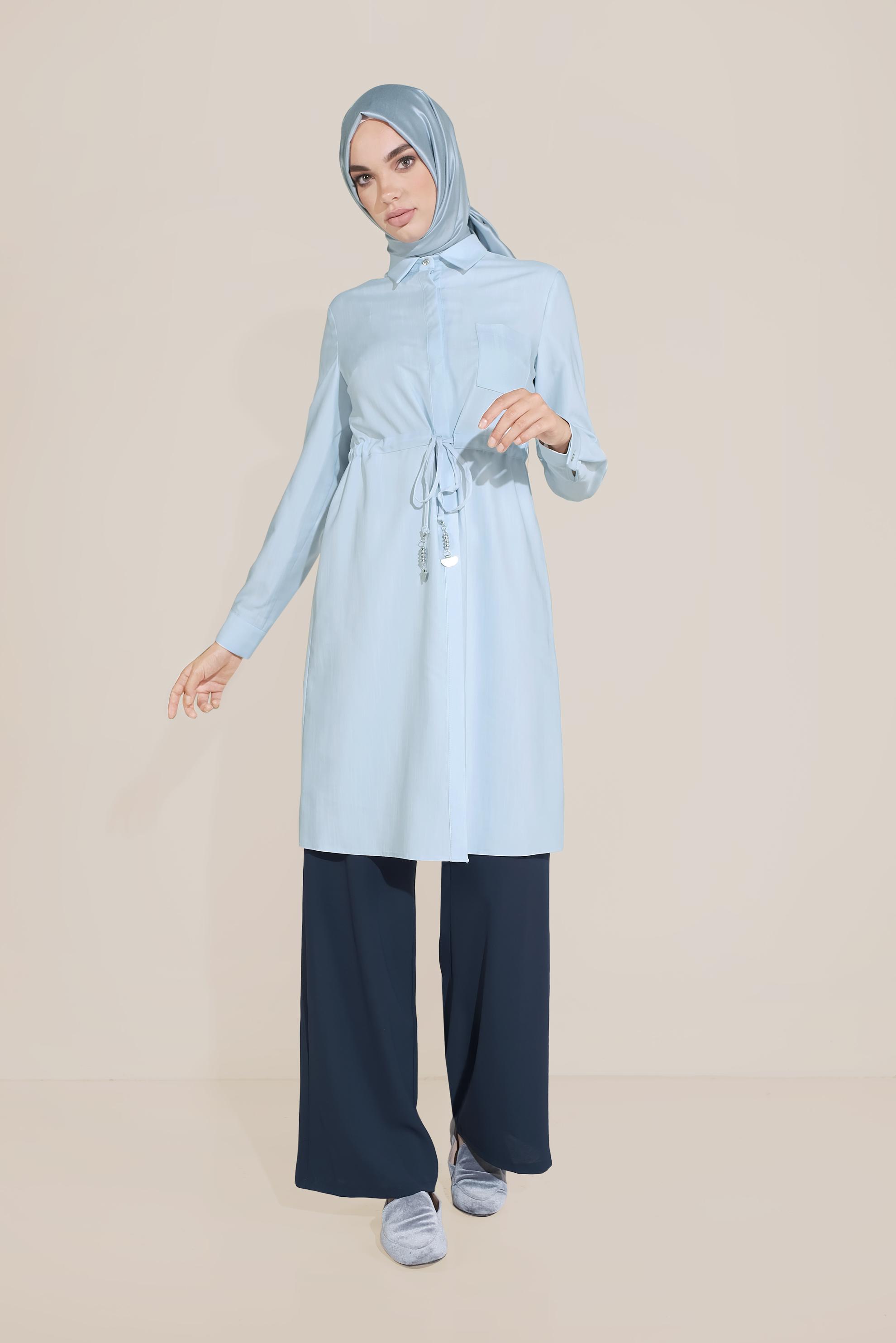 Tesettür giyim MAVİ BELİ BAĞCIKLI CEPLİ TUNİK 40746 