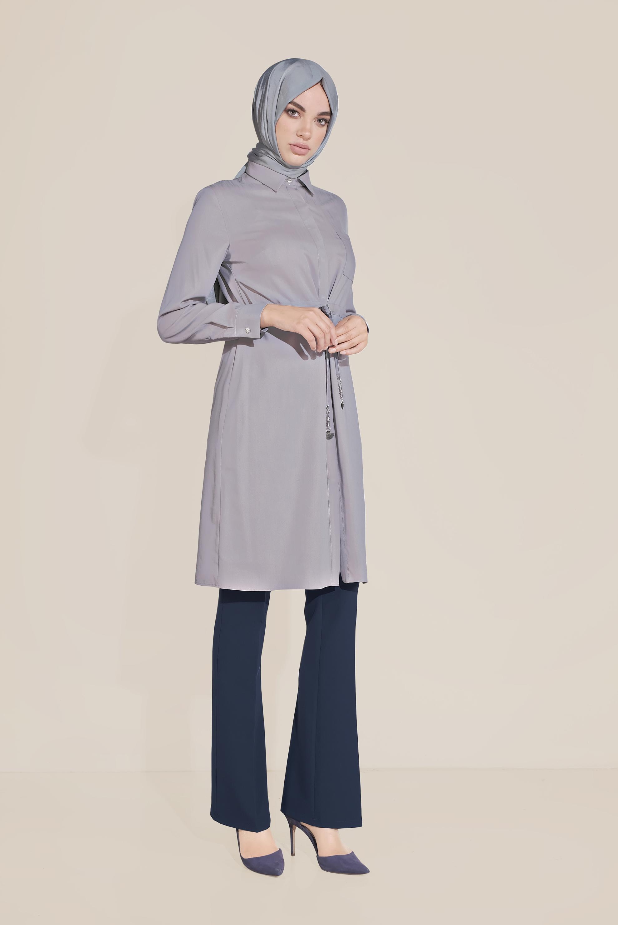 Tesettür giyim GRİ BELİ BAĞCIKLI CEPLİ TUNİK 40746 