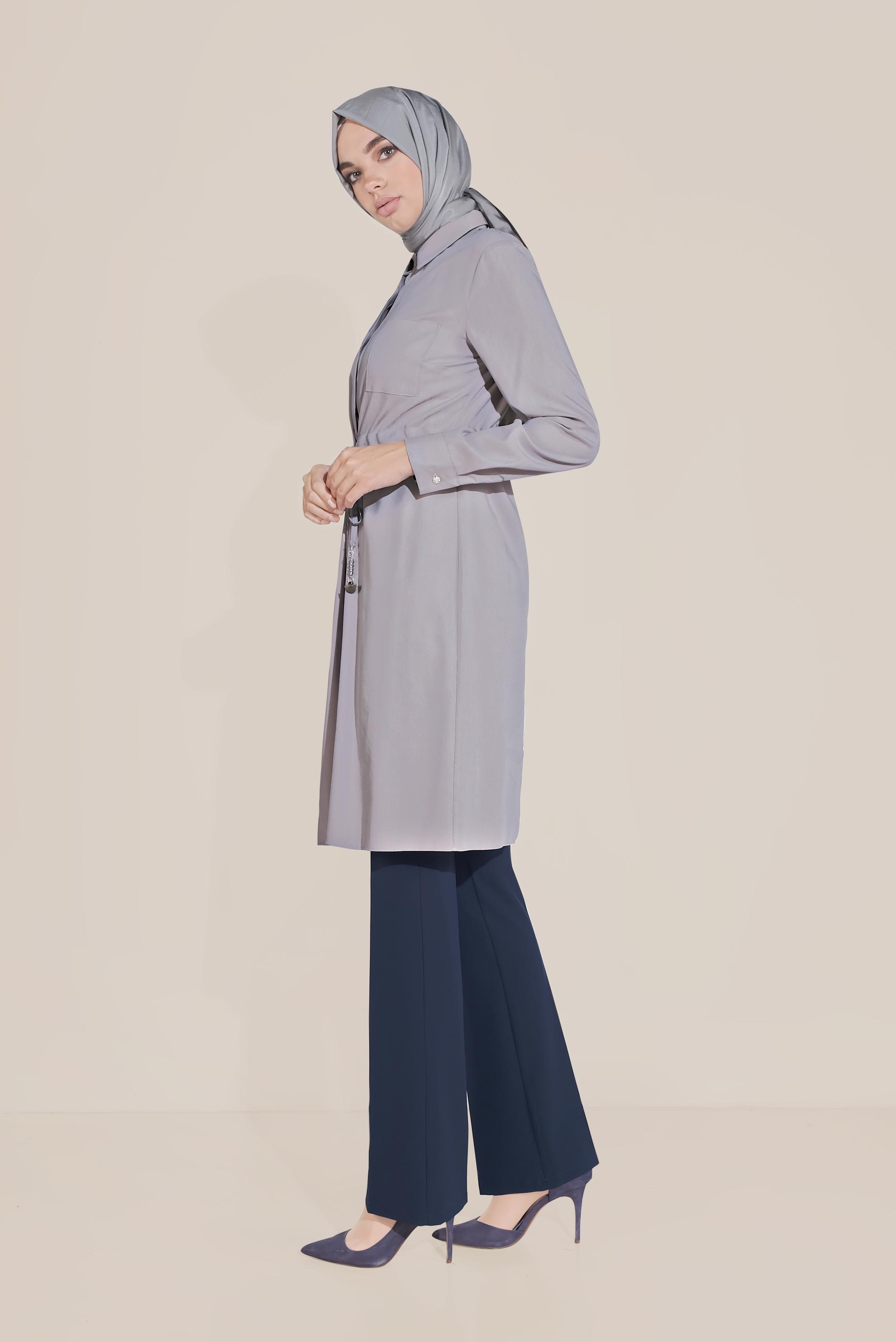 Tesettür giyim GRİ BELİ BAĞCIKLI CEPLİ TUNİK 40746 