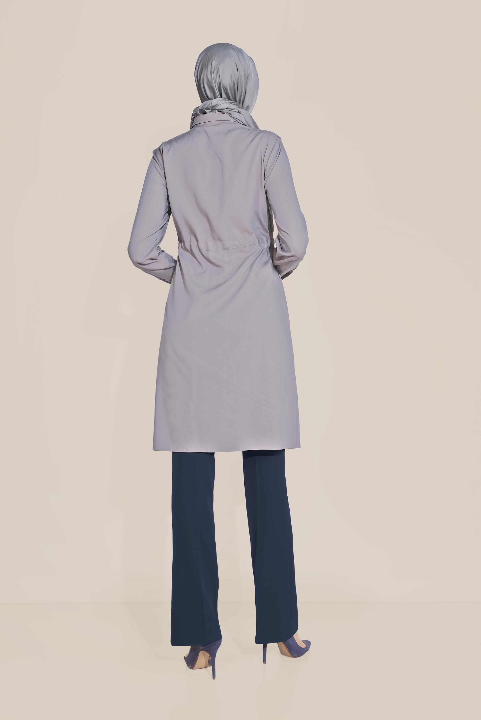 Tesettür giyim GRİ BELİ BAĞCIKLI CEPLİ TUNİK 40746 